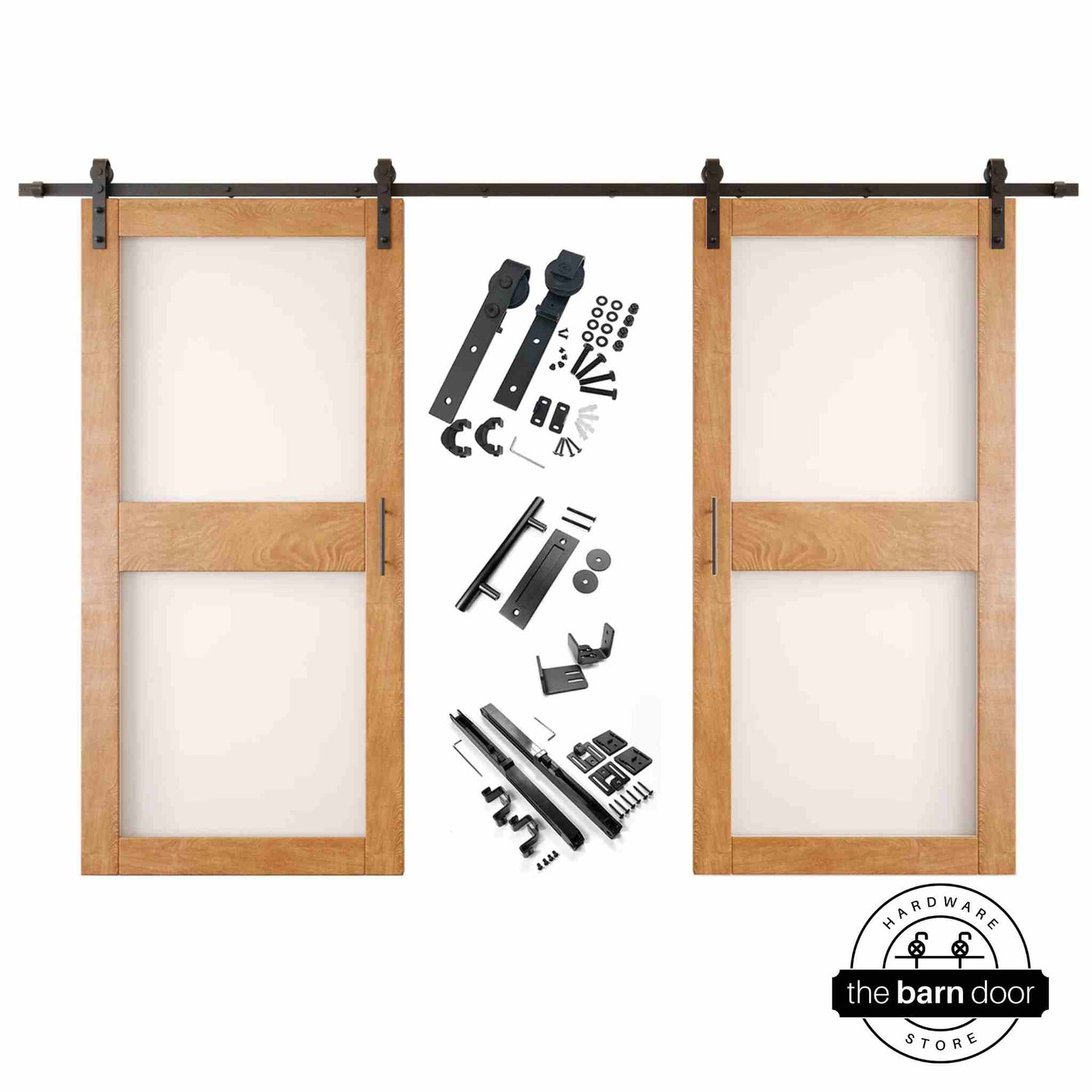Early american barn door hardware set with two wooden sliding glass panel doors on a white background