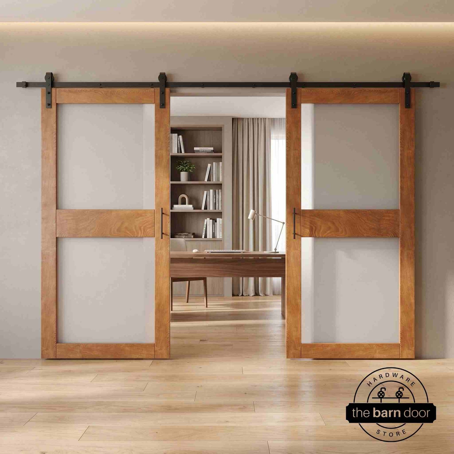 Early american wooden sliding glass panel barn doors with black hardware in a modern interior setting.
