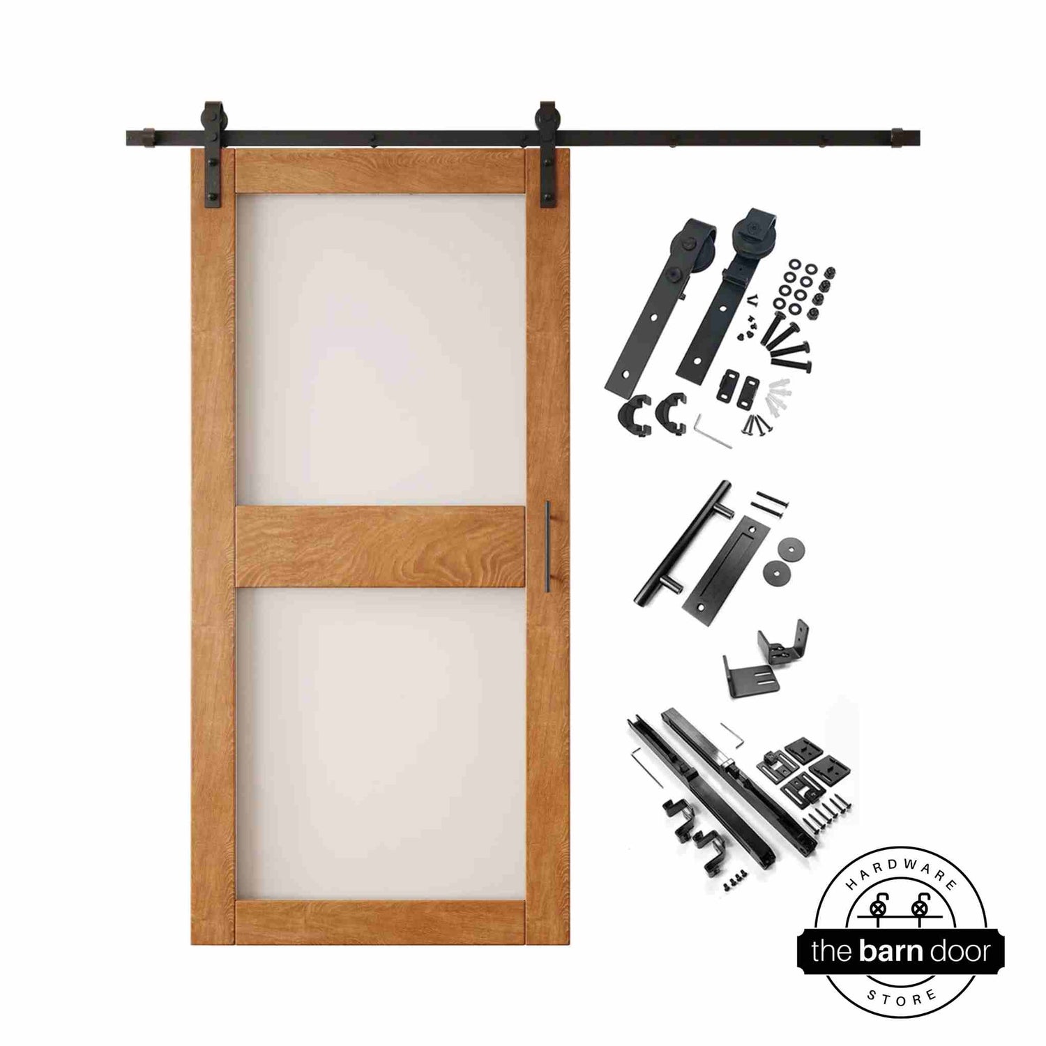 Early American 2-panel barn door kit with wooden door and hardware components on a white background