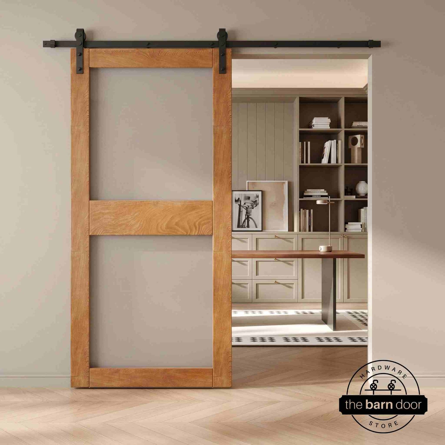 Wooden sliding barn door with glass in a modern interior setting