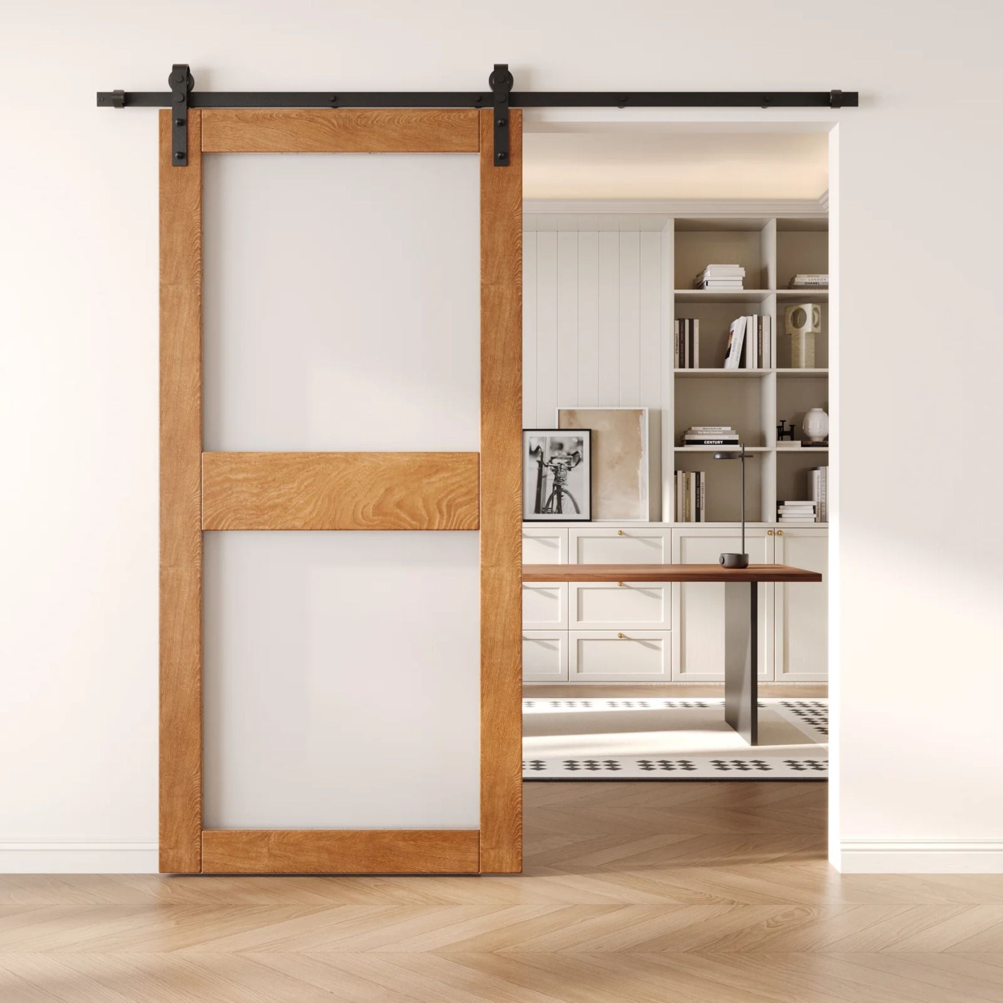 Wooden sliding barn door with glass in a modern interior setting