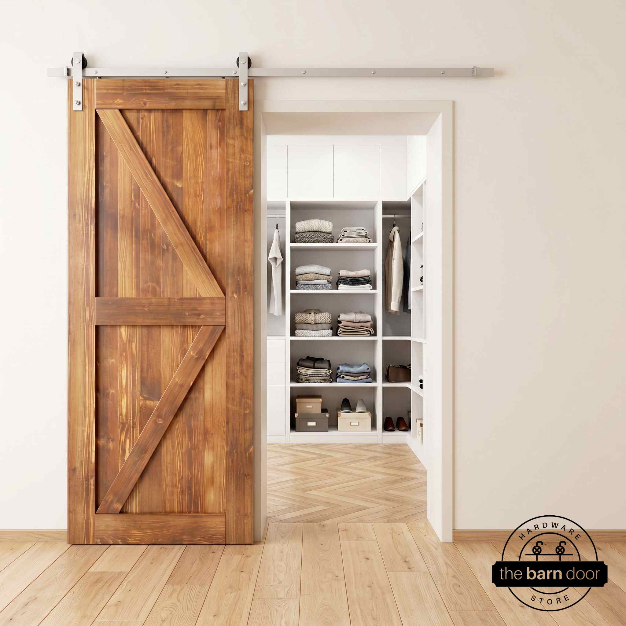 Brushed nickel barn door hardware kit on a Early American K-brace barn door, modern farmhouse style.