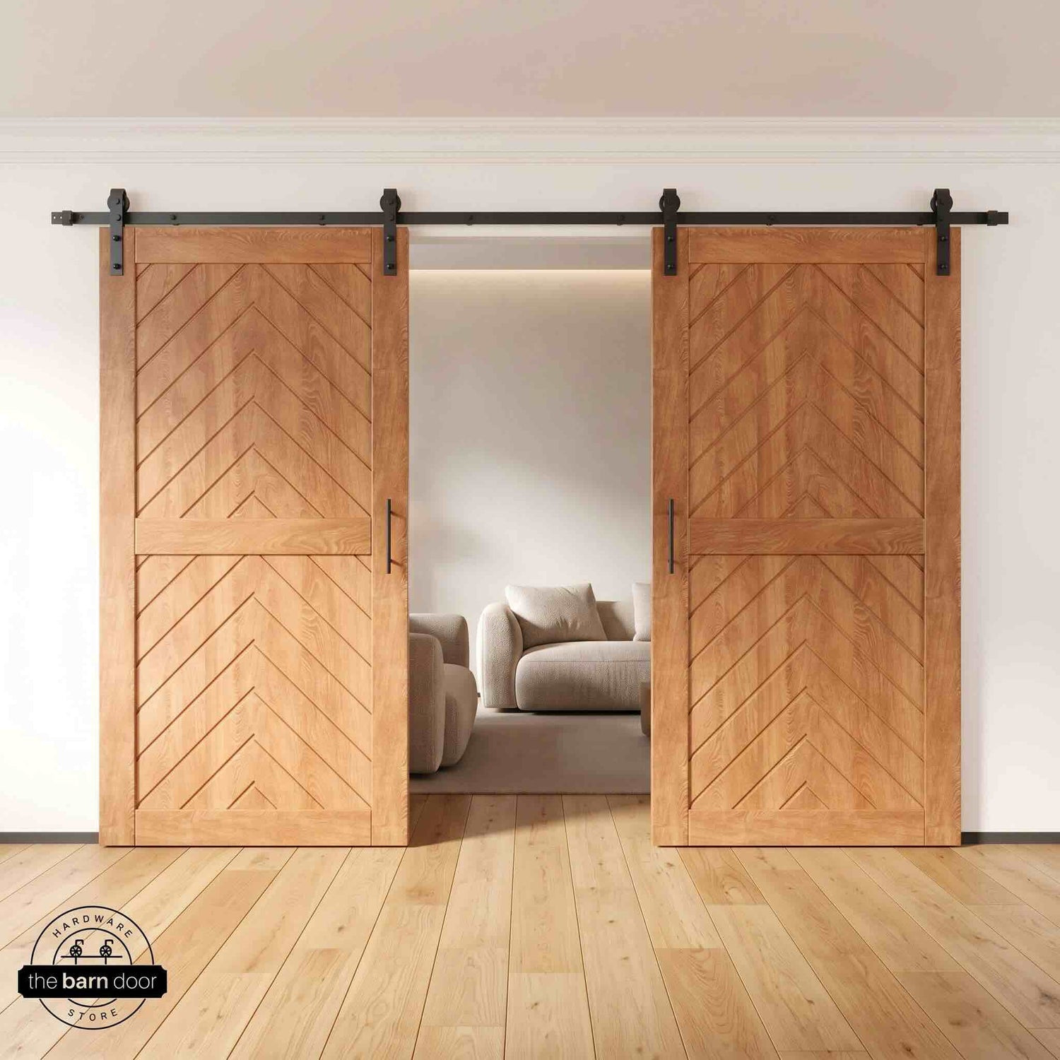 Early American wooden barn doors with a chevron pattern on a white wall background