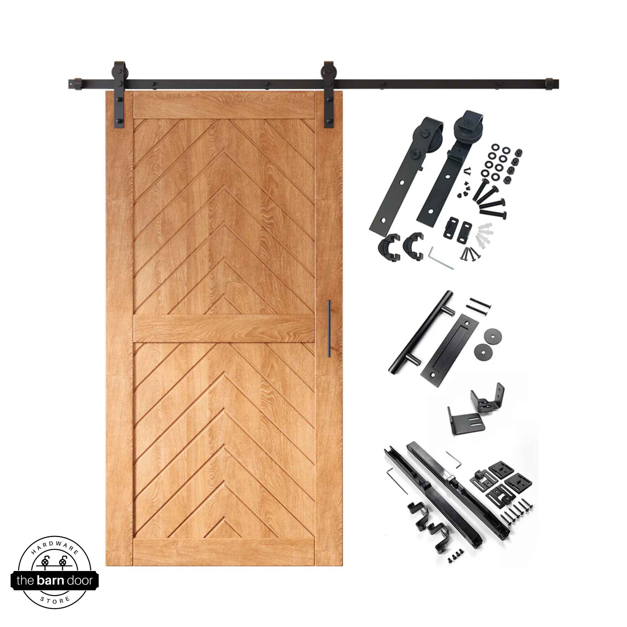Early American fishbone barn door with hardware kit on a white background