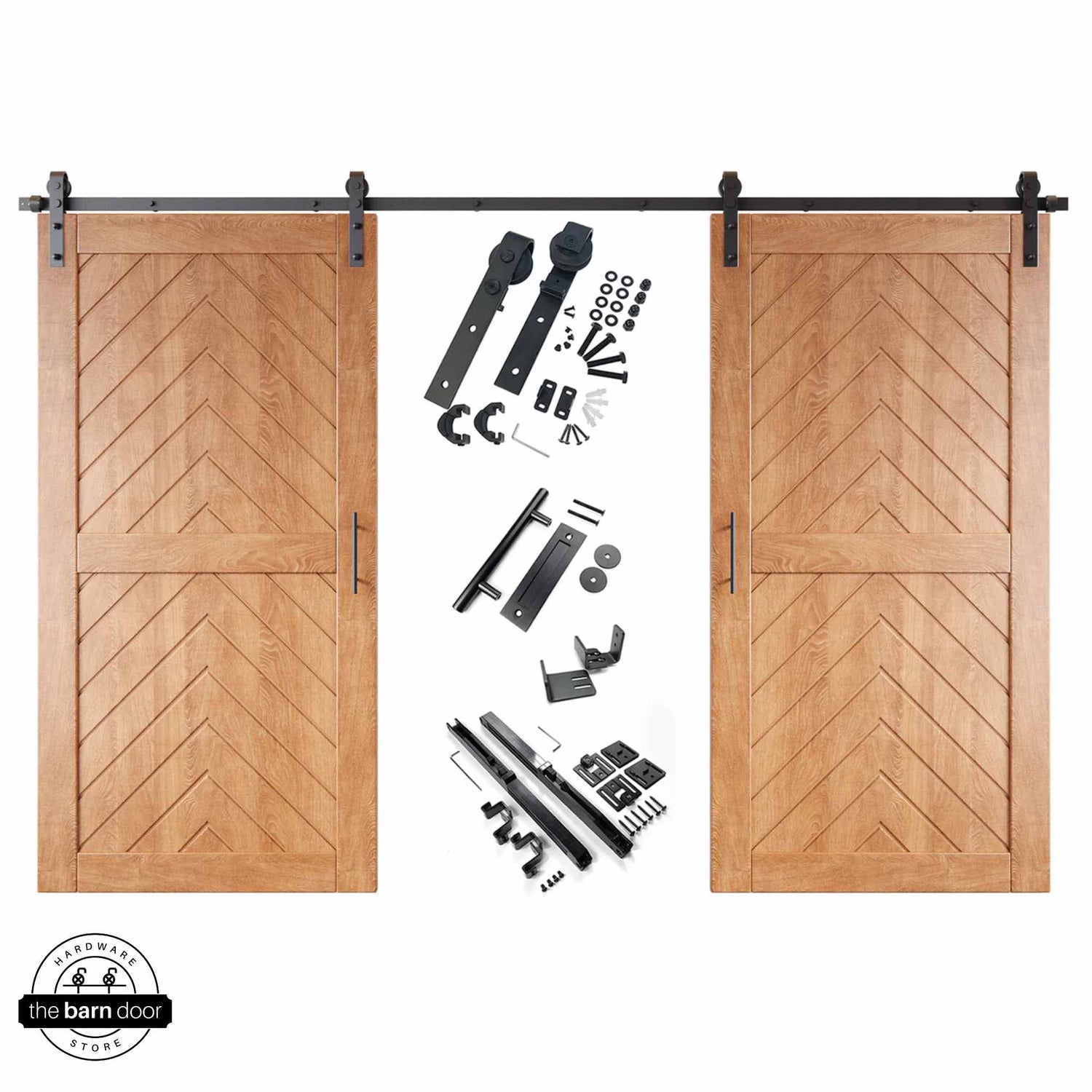 Early American fishbone barn door kit with two wooden doors and hardware on a white background