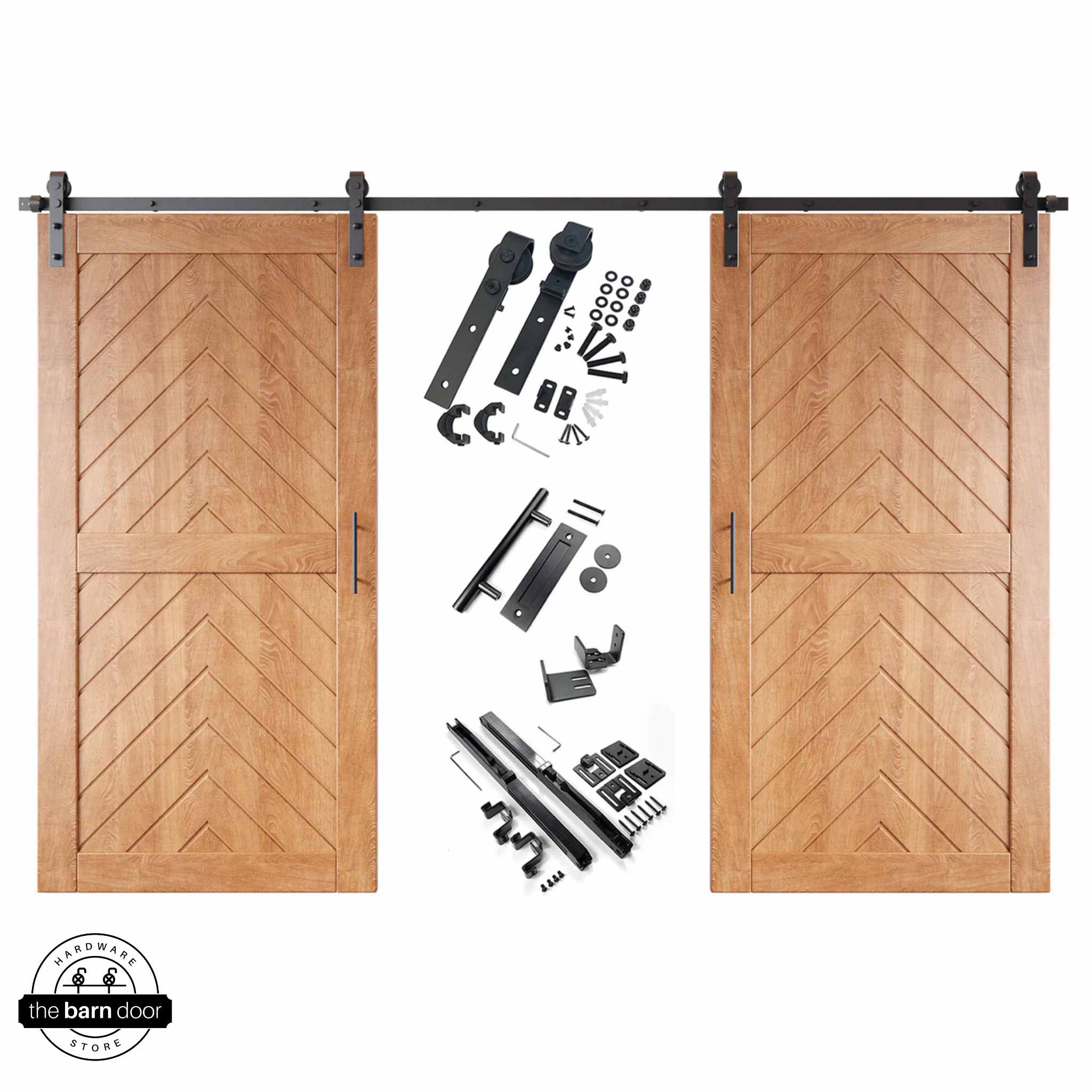 Early American fishbone barn door kit with two wooden doors and hardware on a white background