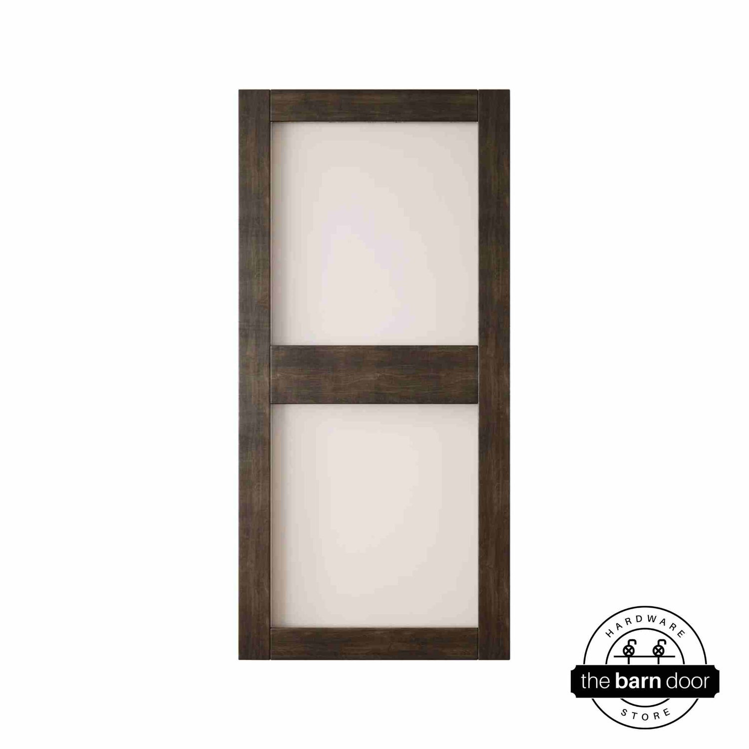 Wooden barn door with glass on a white background