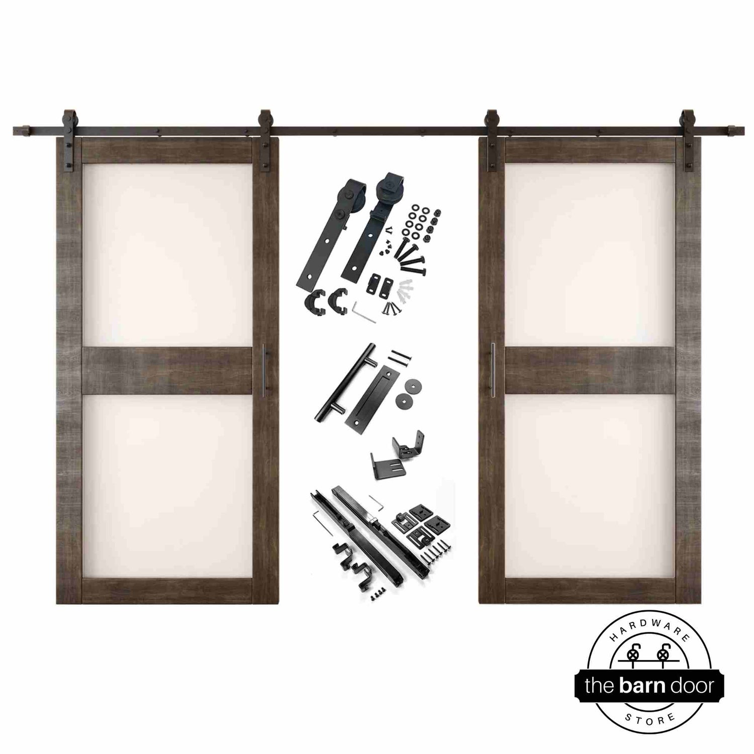 Ebony barn door hardware set with two wooden sliding glass panel doors on a white background