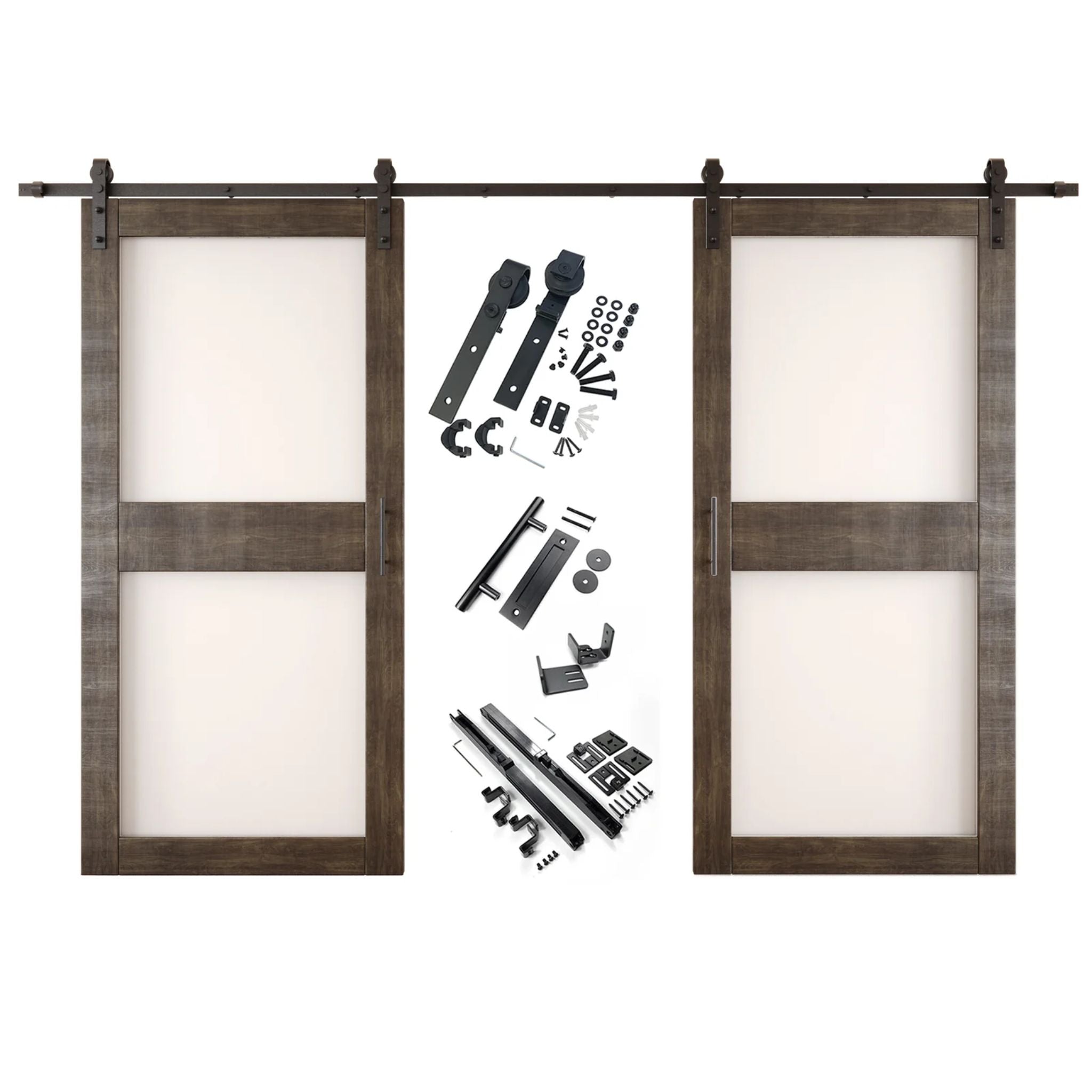 Ebony barn door hardware set with two wooden sliding glass panel doors on a white background