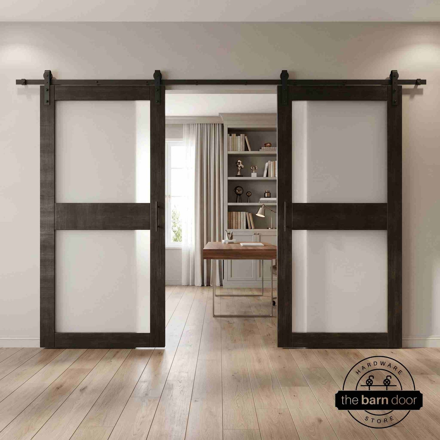 Ebony wooden sliding glass panel barn doors with black hardware in a modern interior setting.