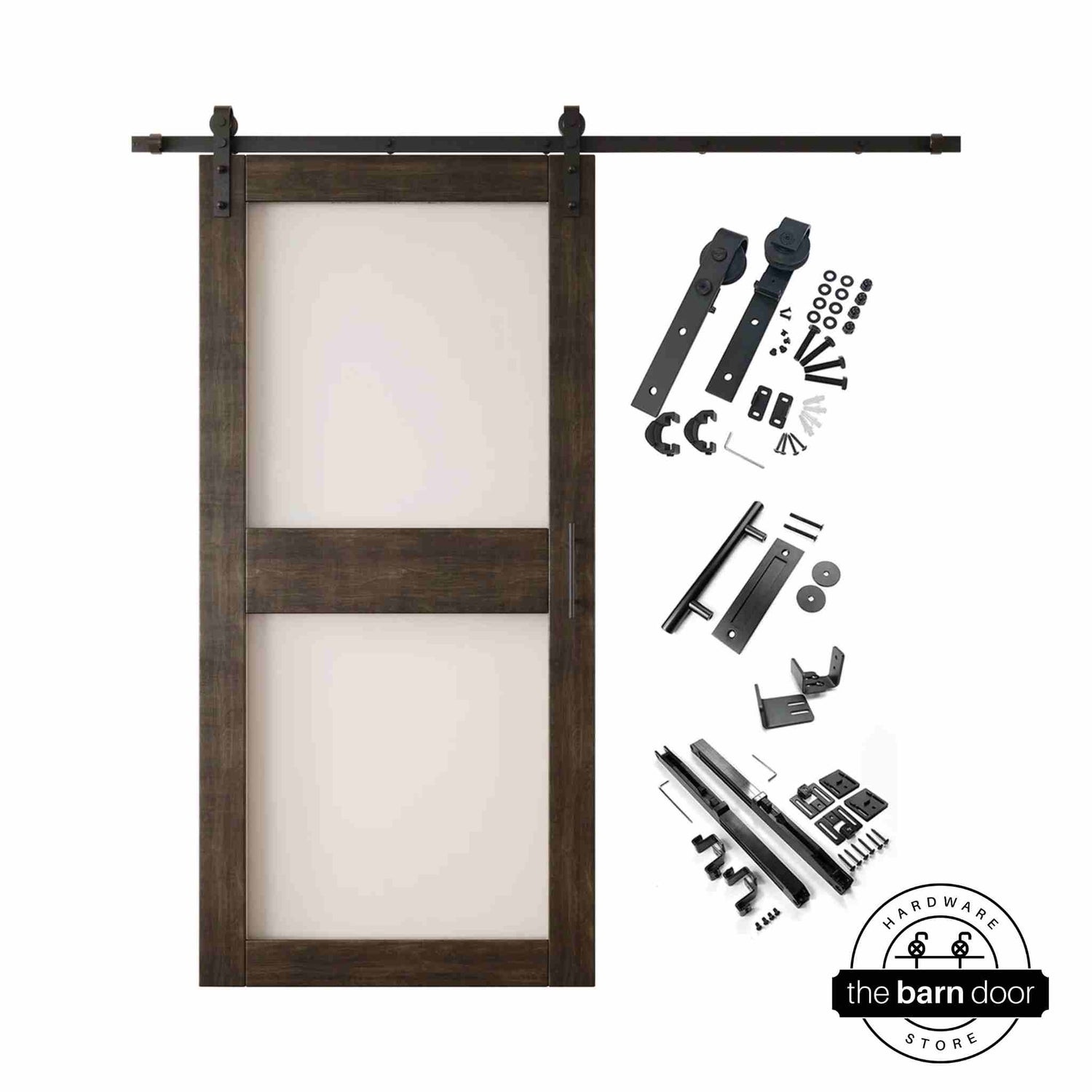 Ebony 2-panel barn door kit with wooden door and hardware components on a white background