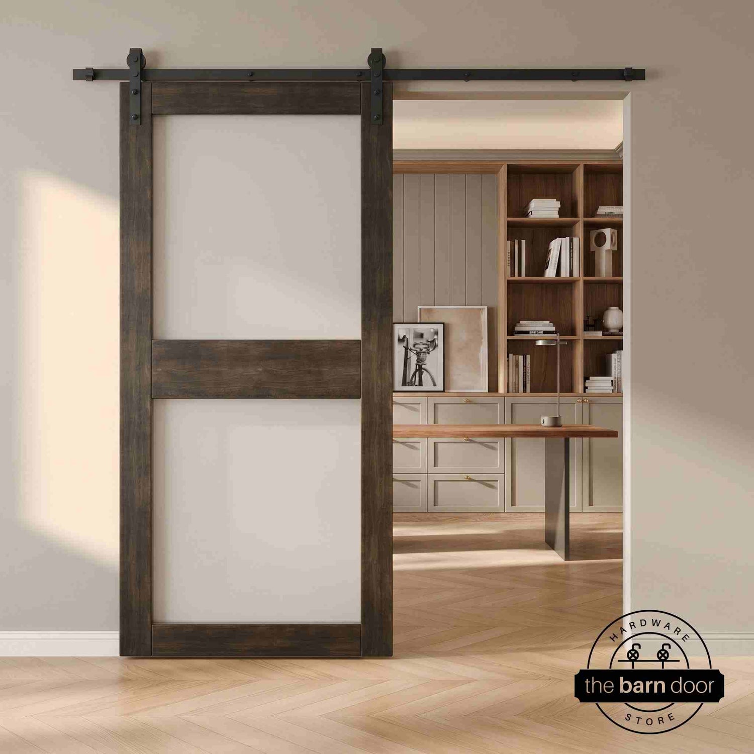 Wooden sliding barn door with glass in a modern interior setting