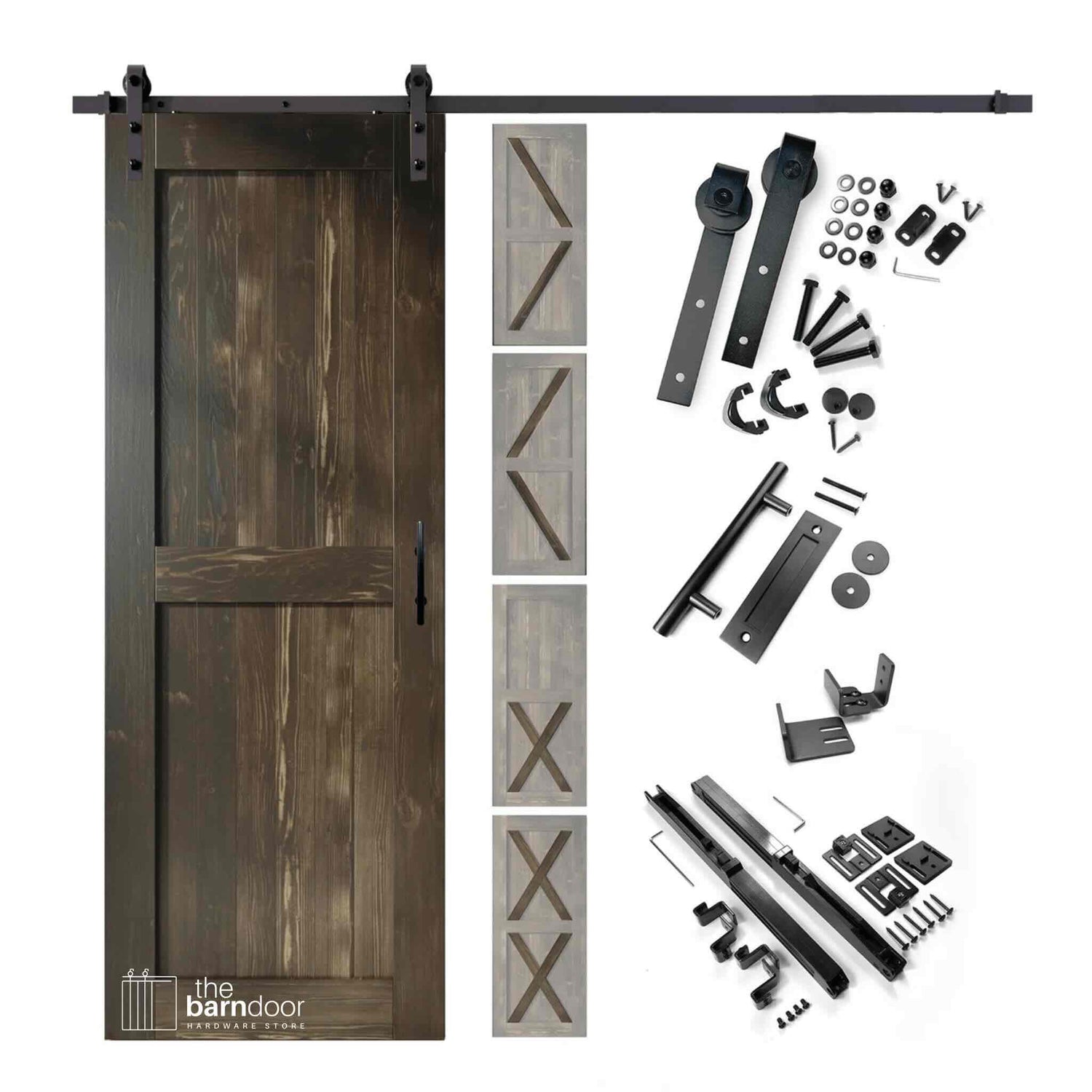 Classic single track barn door kit contents showing a ebony pine K-brace barn door with black steel sliding hardware, including rollers, track, wall brackets, door pull handle, floor guide, and anti-jump hardware, with door style variation thumbnails displayed alongside.