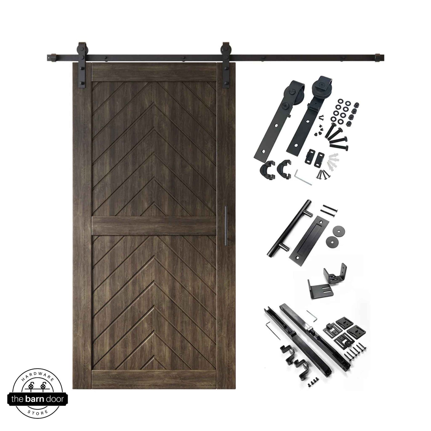 Ebony fishbone barn door with hardware kit on a white background