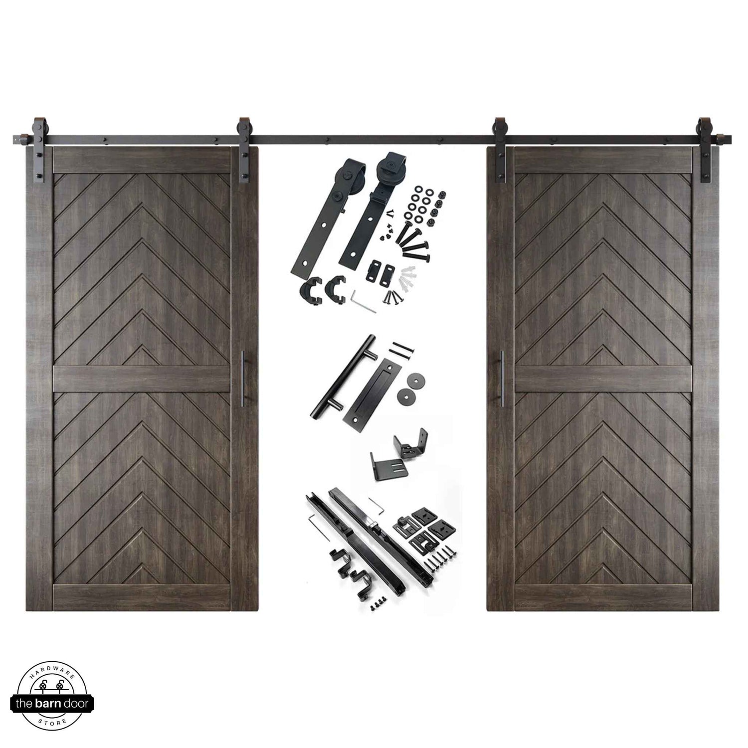 Ebony fishbone barn door kit with two wooden doors and hardware on a white background
