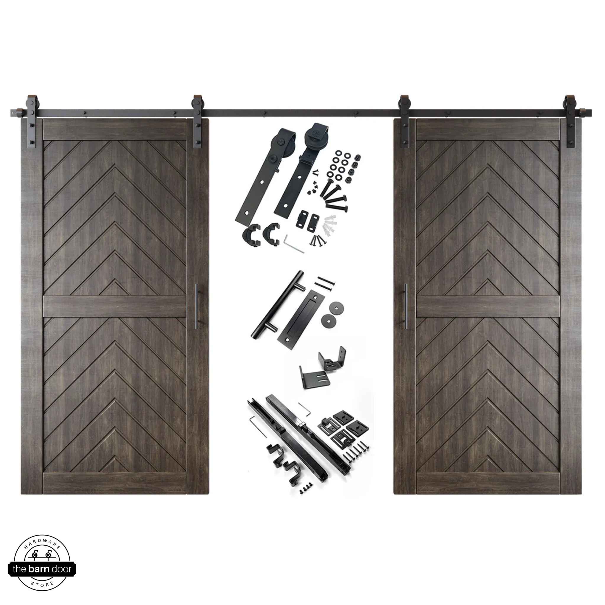 Ebony fishbone barn door kit with two wooden doors and hardware on a white background