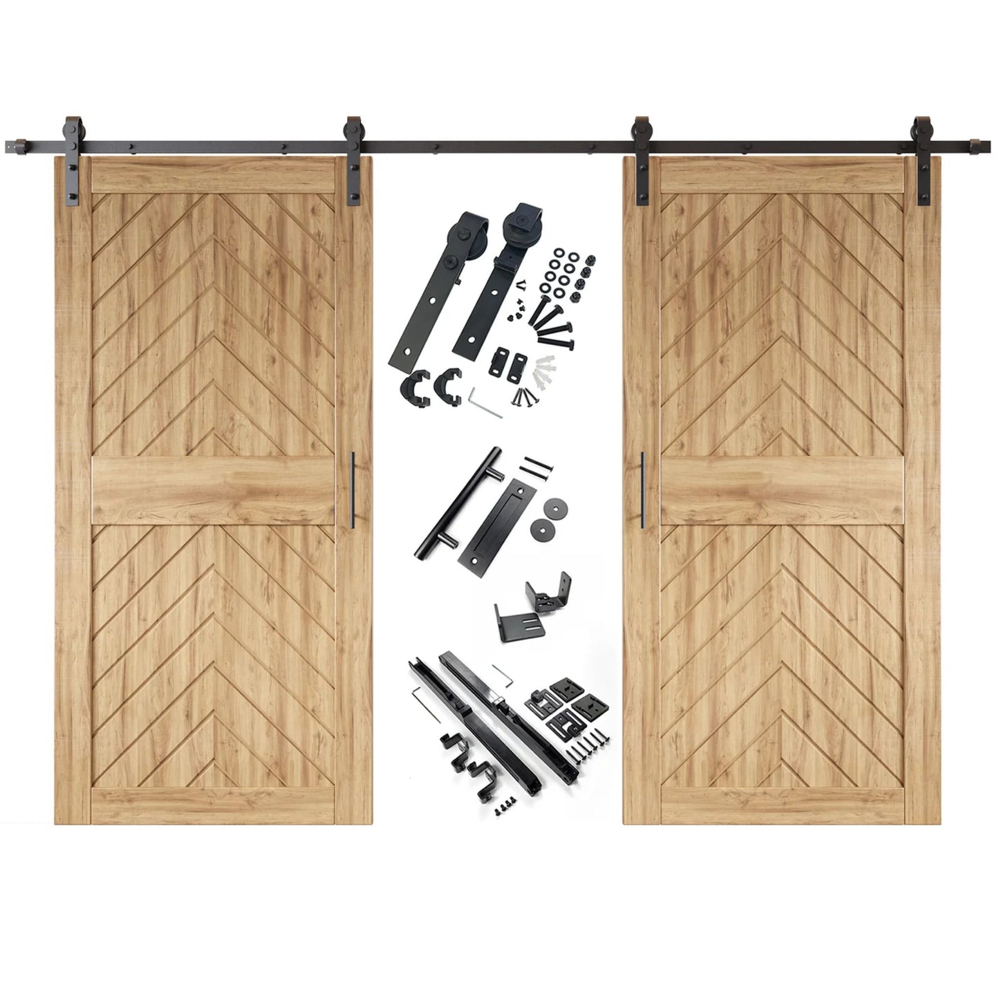 Unfinished fishbone barn door kit with two wooden doors and hardware on a white background