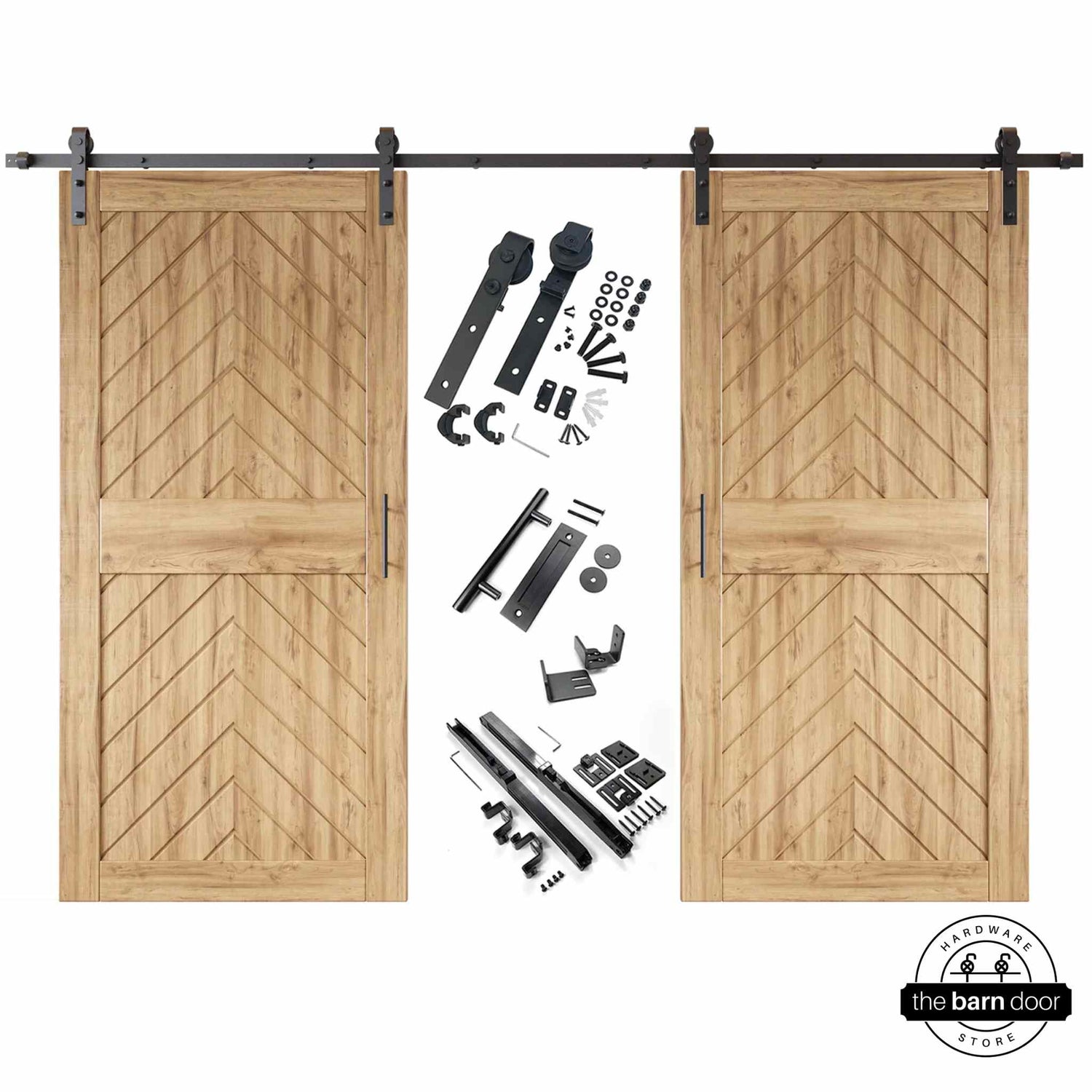Unfinished fishbone barn door kit with two wooden doors and hardware on a white background