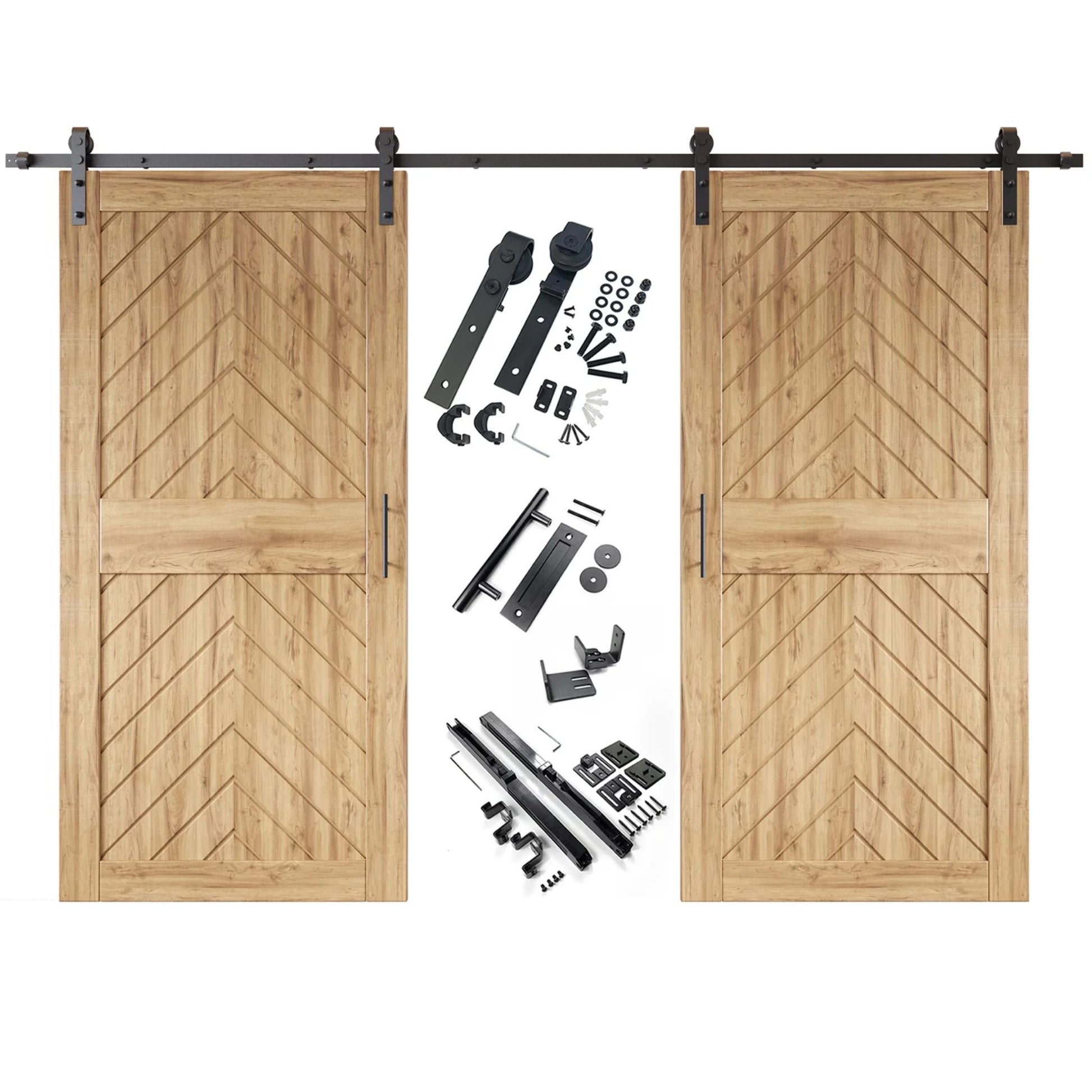 Unfinished fishbone barn door kit with two wooden doors and hardware on a white background