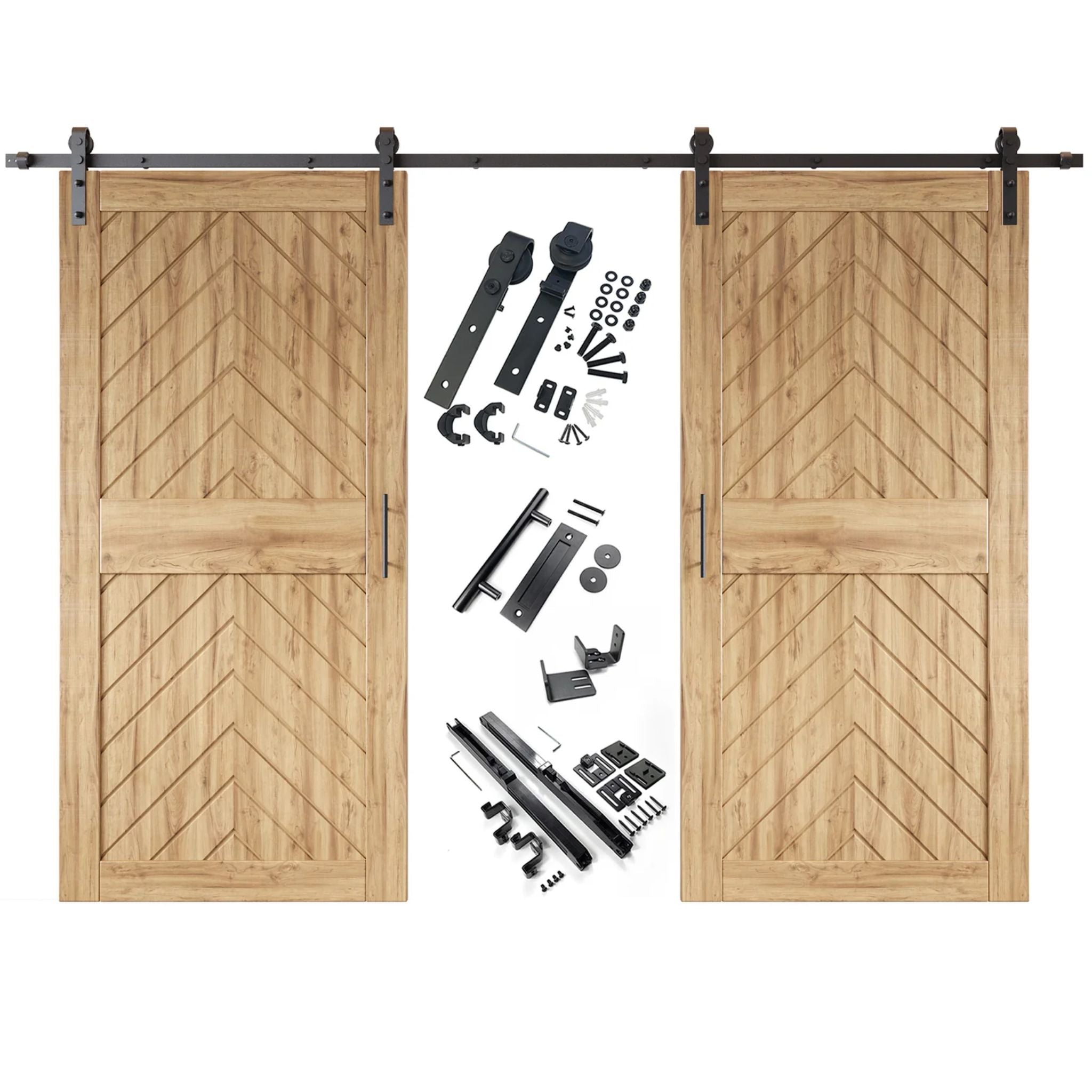 Unfinished fishbone barn door kit with two wooden doors and hardware on a white background