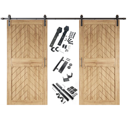 Unfinished fishbone barn door kit with two wooden doors and hardware on a white background