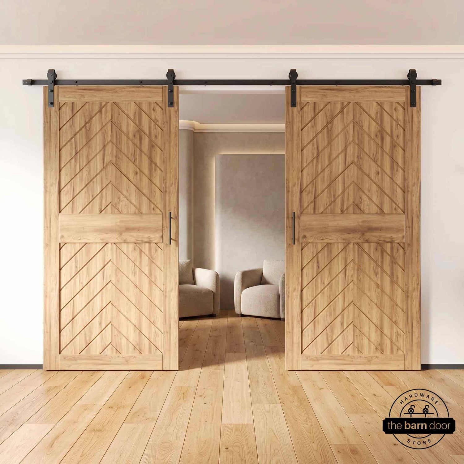 Unfinished wooden barn doors with a chevron pattern on a white wall background
