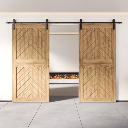 Unfinished wooden barn doors with a chevron pattern on a white wall background