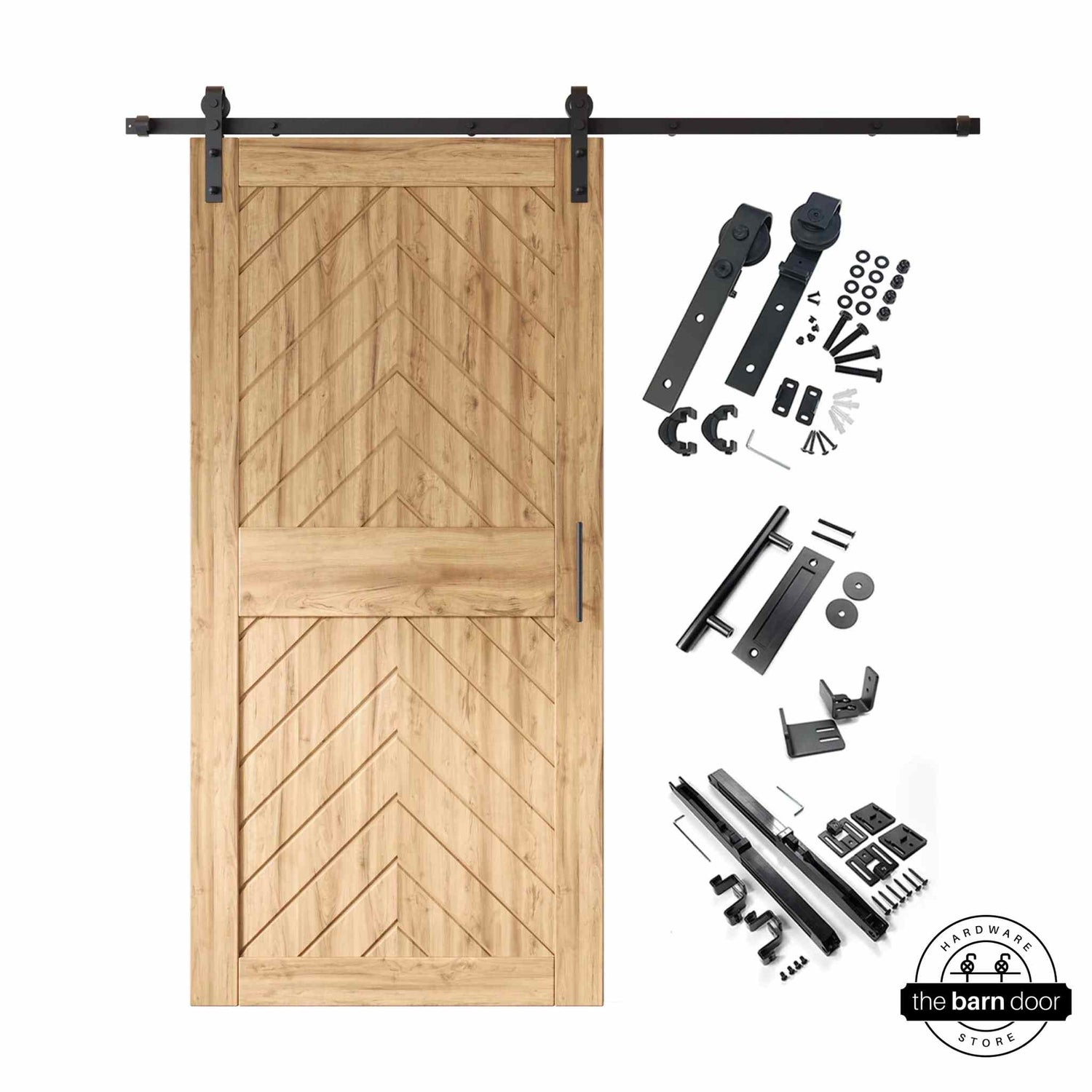 Unfinished fishbone barn door with hardware kit on a white background