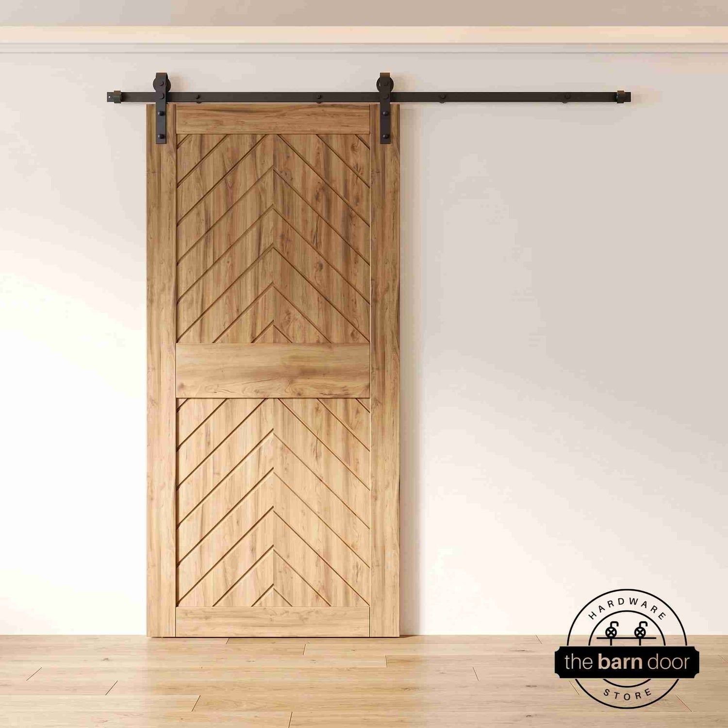 Wooden sliding door with chevron pattern in a modern interior setting.
