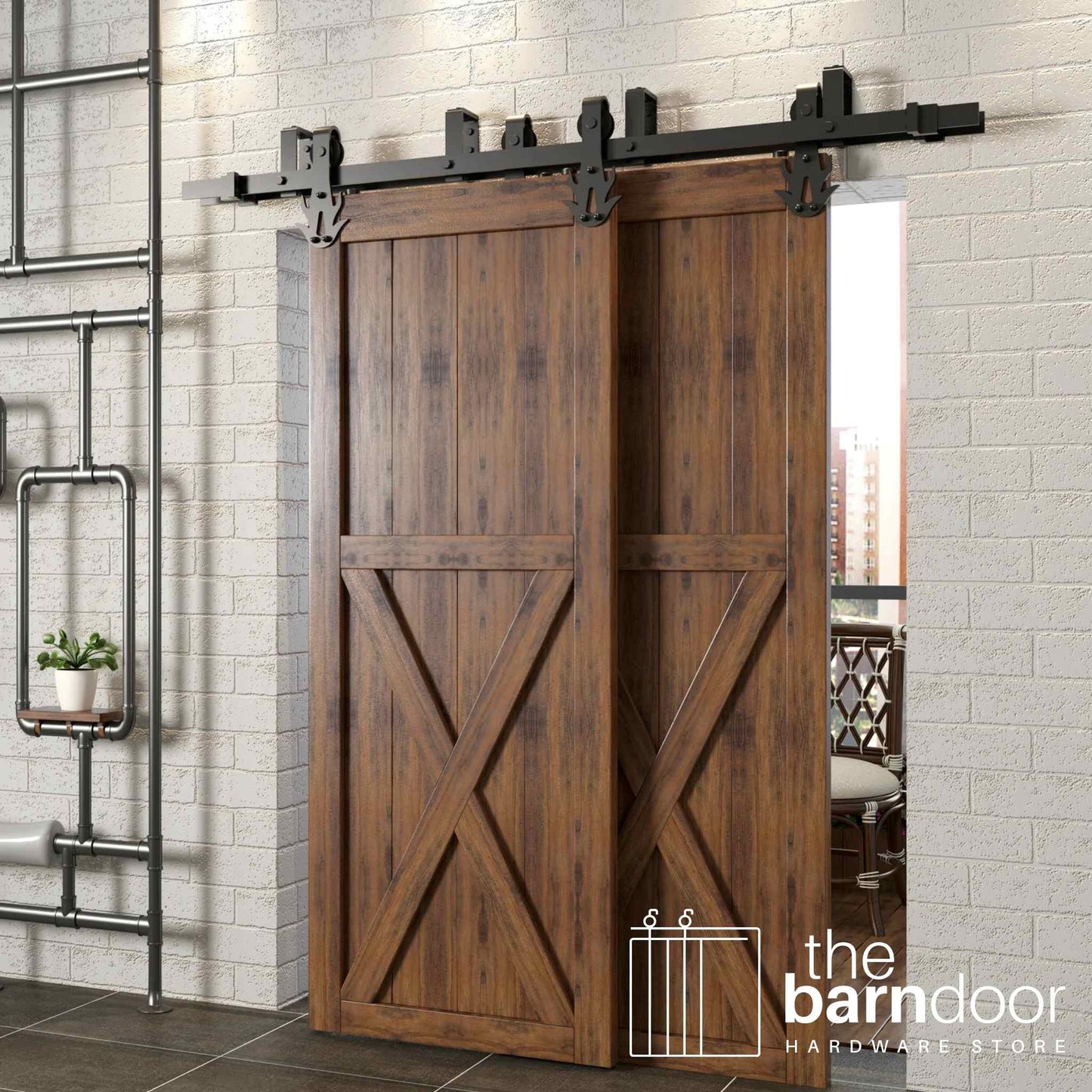 Flame Double Track Bypass Barn Door Hardware Kit