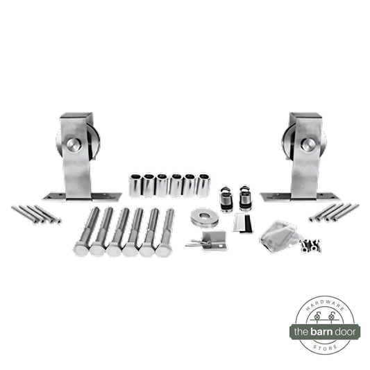Flat Top Top Mount stainless steel barn door hardware kit with a minimalist, concealed design and a strong, geometric profile.