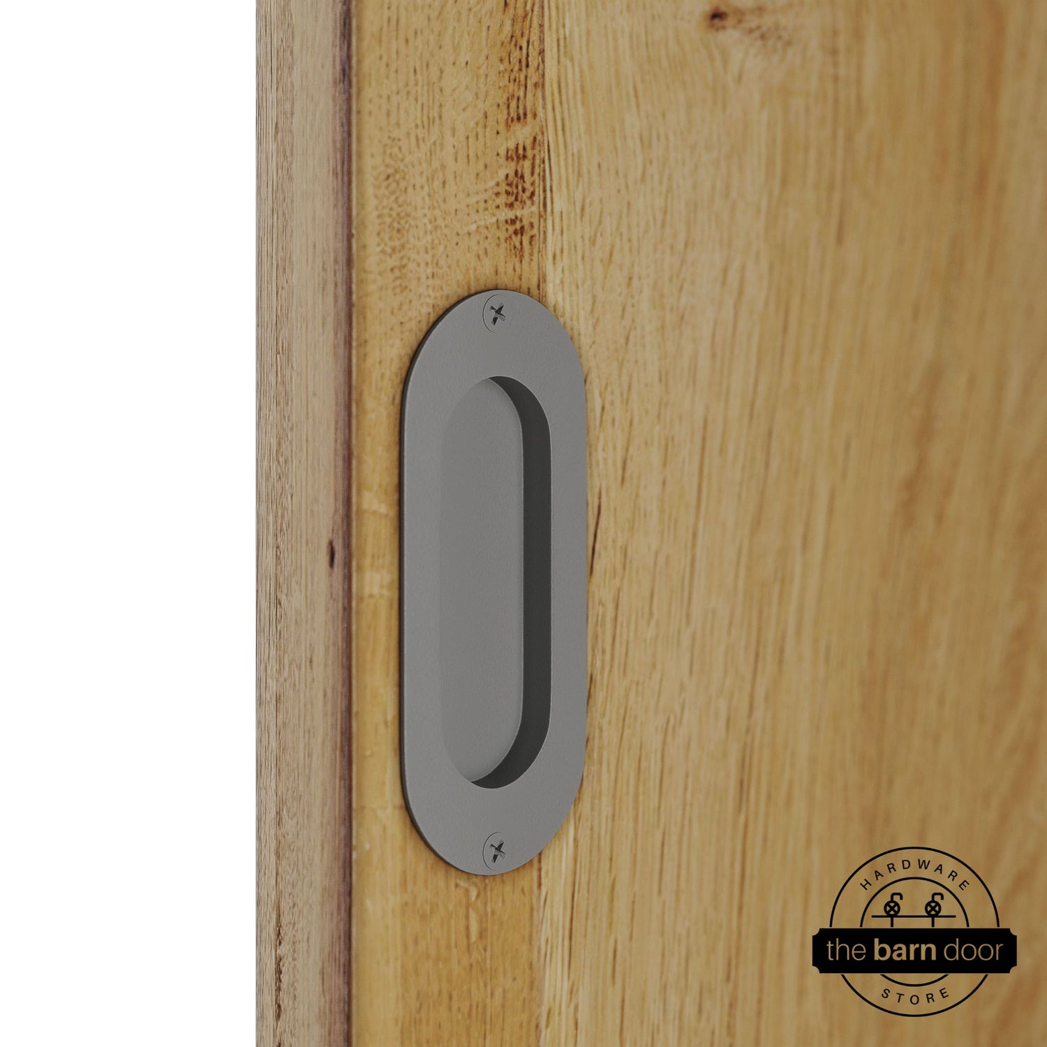 Wooden door with a flint gray flush pull handle.