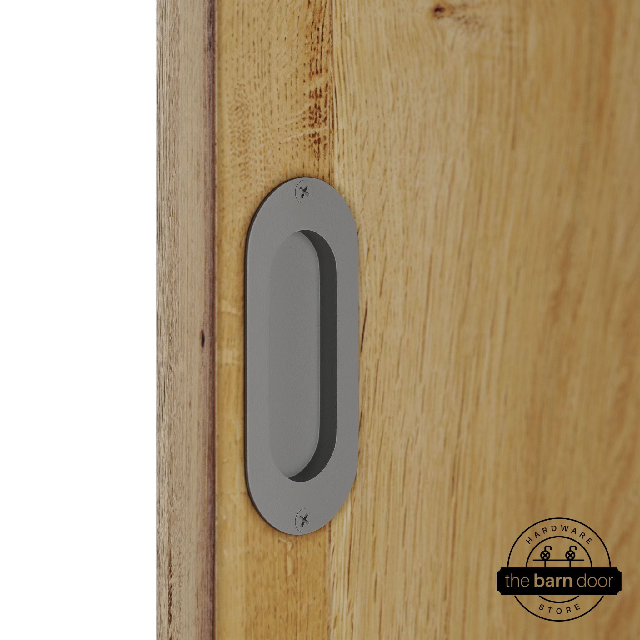 Wooden door with a flint gray flush pull handle.