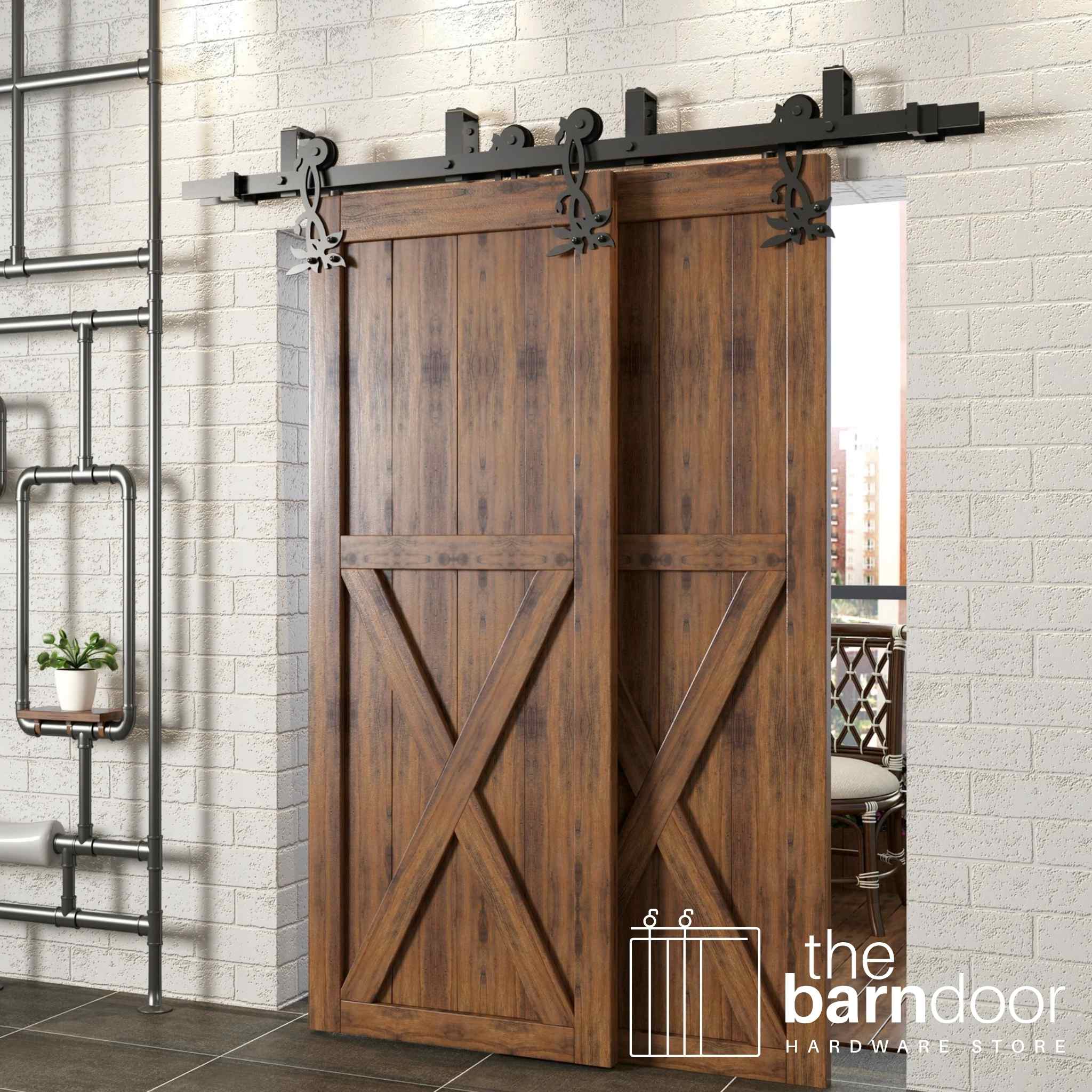 Flower Double Track Bypass Barn Door Hardware Kit