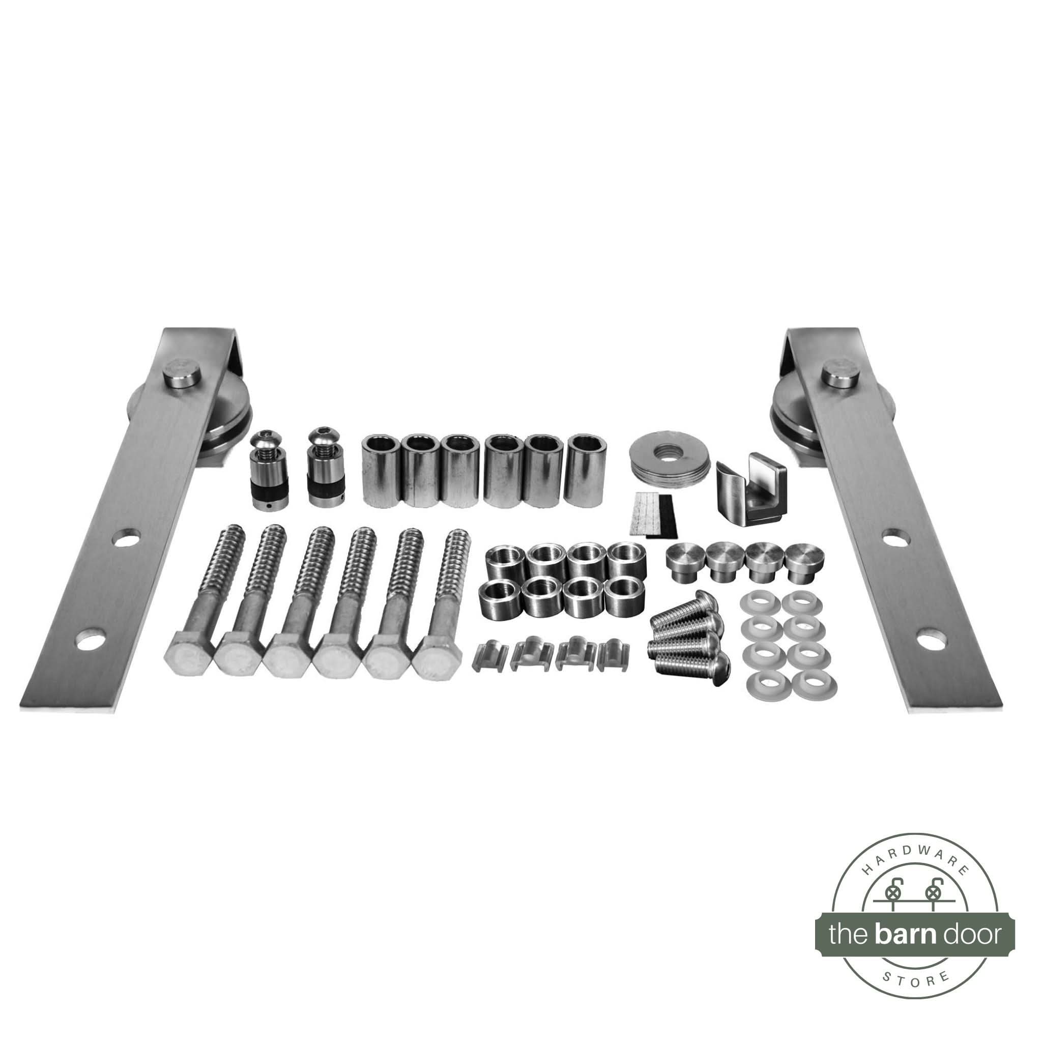 Flat Top Strap stainless steel barn door hardware kit with a strong, geometric roller design.