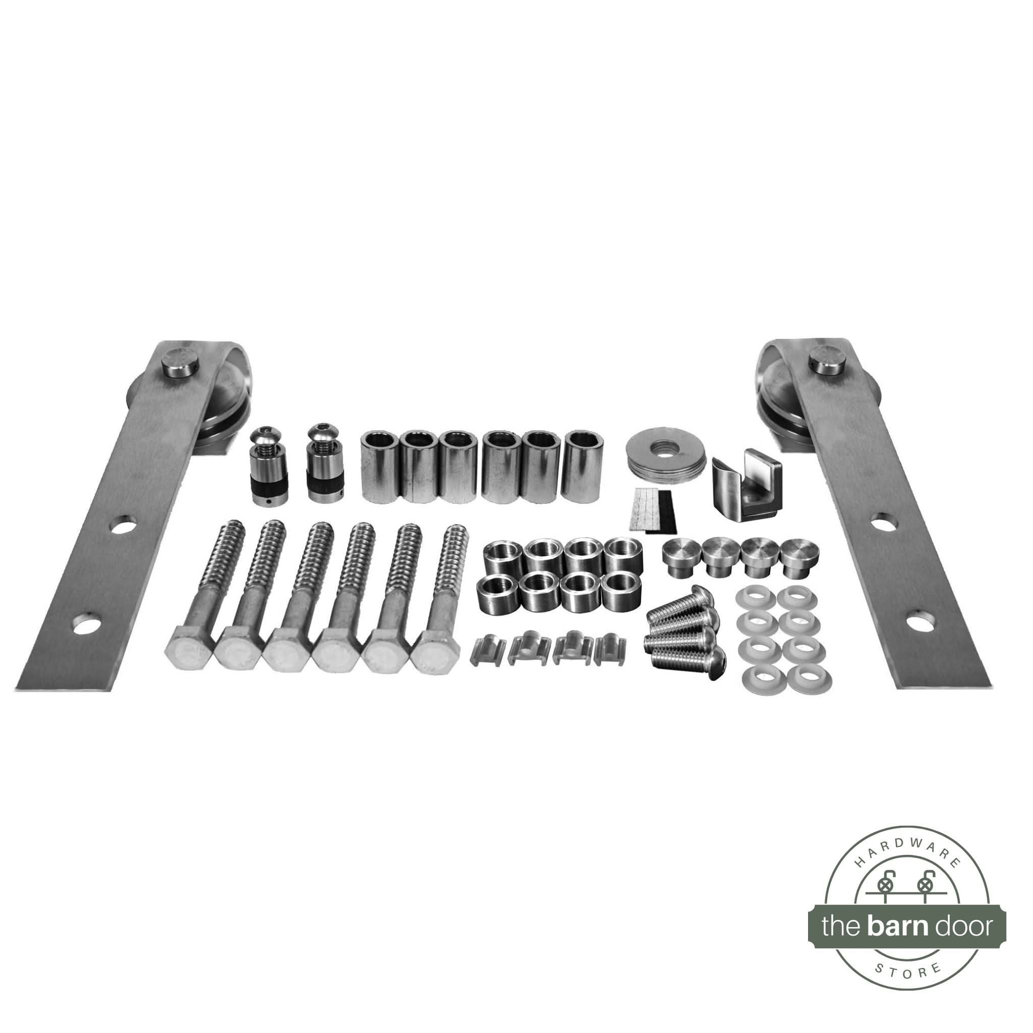 J-Strap stainless steel barn door hardware kit with a traditional roller design.