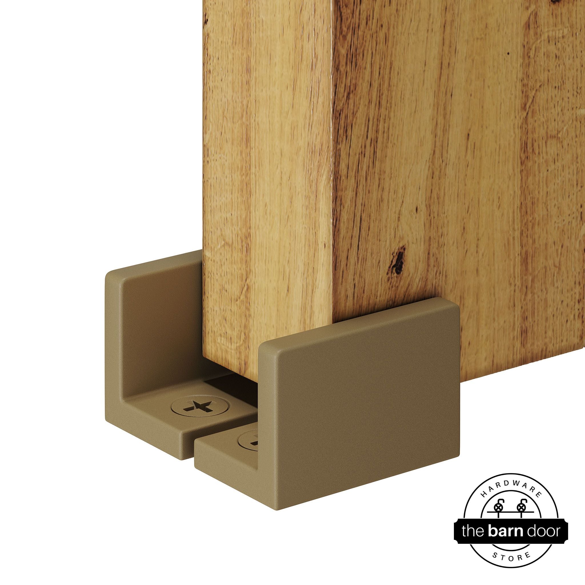 Gold barn door hardware adjustable u floor guide on a wooden door