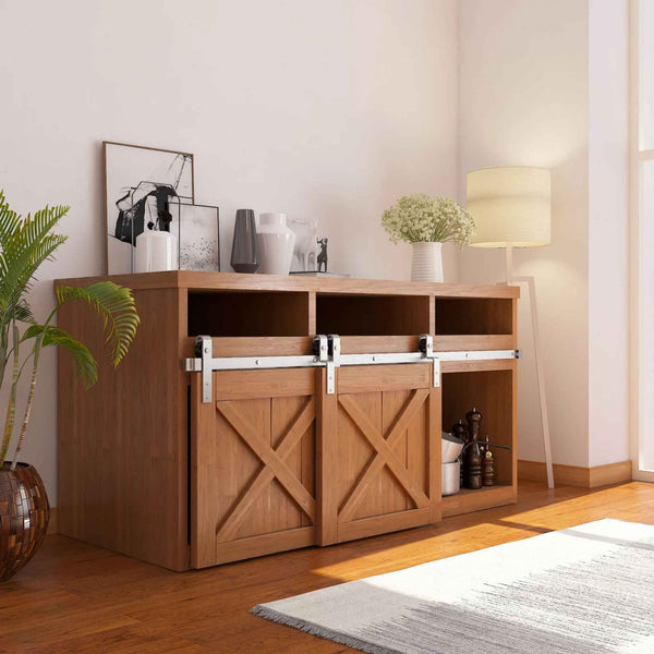 Brushed nickel J-Strap mini bypass cabinet barn door hardware kit on a single track, installed on a small two-door wooden cabinet.