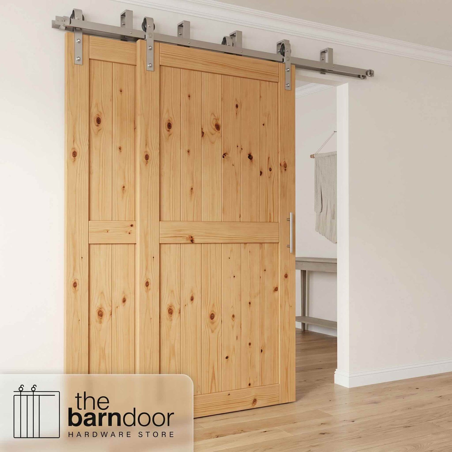 J-Strap Brushed Nickel Double Bypass Barn Door Hardware Kit
