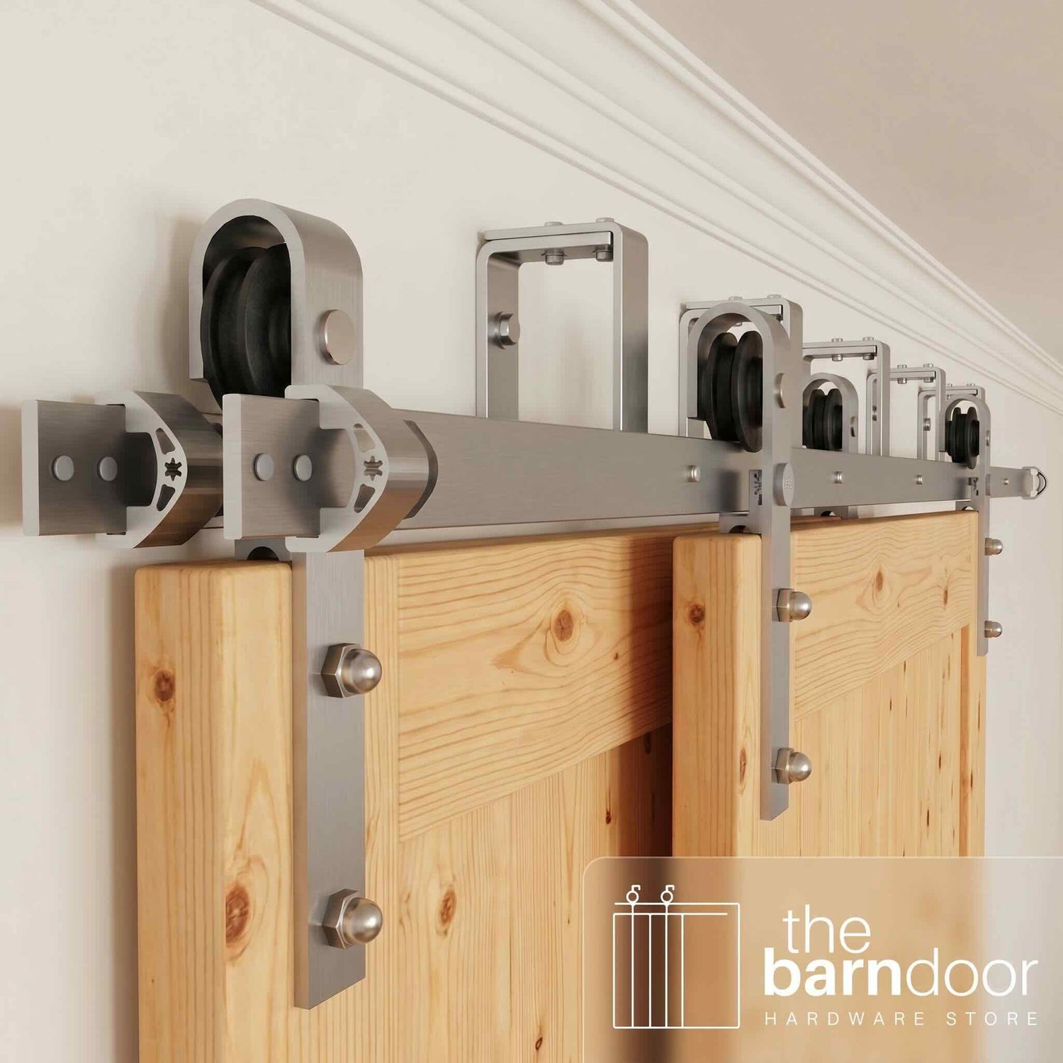 J-Strap Brushed Nickel Double Bypass Barn Door Hardware Kit