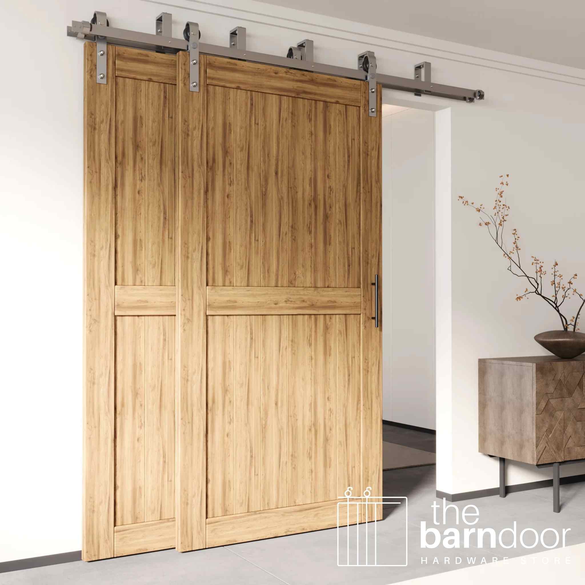 J-Strap Brushed Nickel Double Bypass Barn Door Hardware Kit