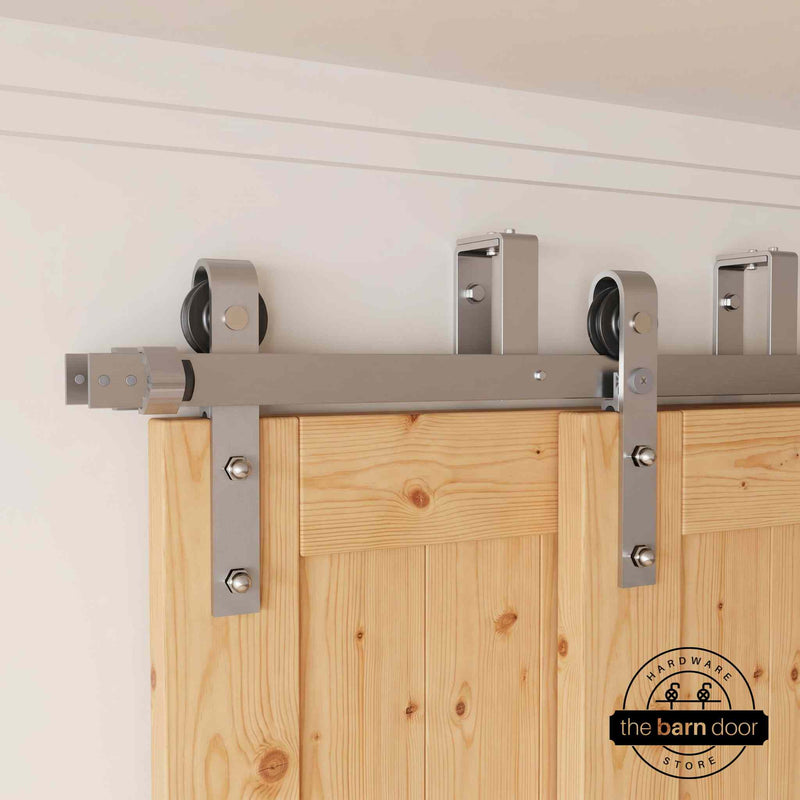 J-Strap Brushed Nickel Double Bypass Barn Door Hardware Kit