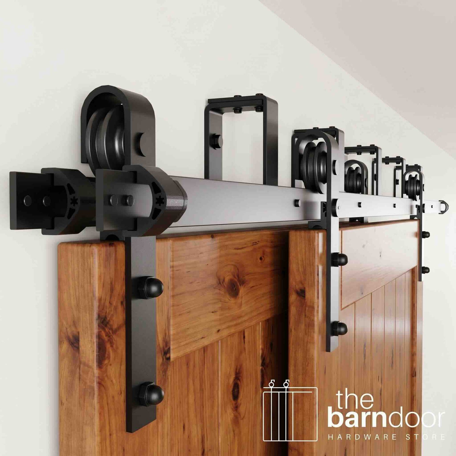J-Strap Black Double Track Bypass Barn Door Hardware Kit