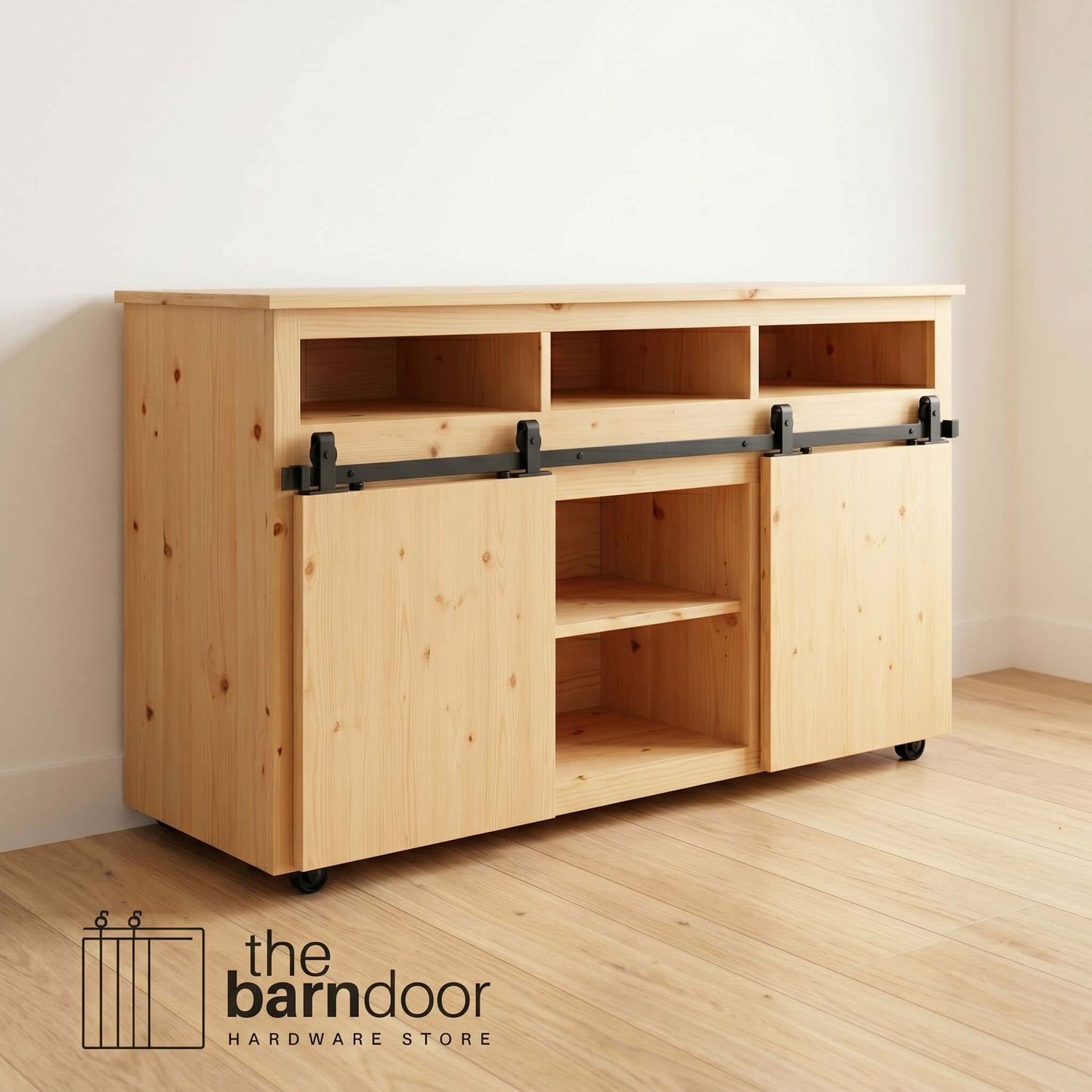J Top Mount cabinet barn door hardware kit in matte black with a single track, shown installed on a small wooden cabinet door.