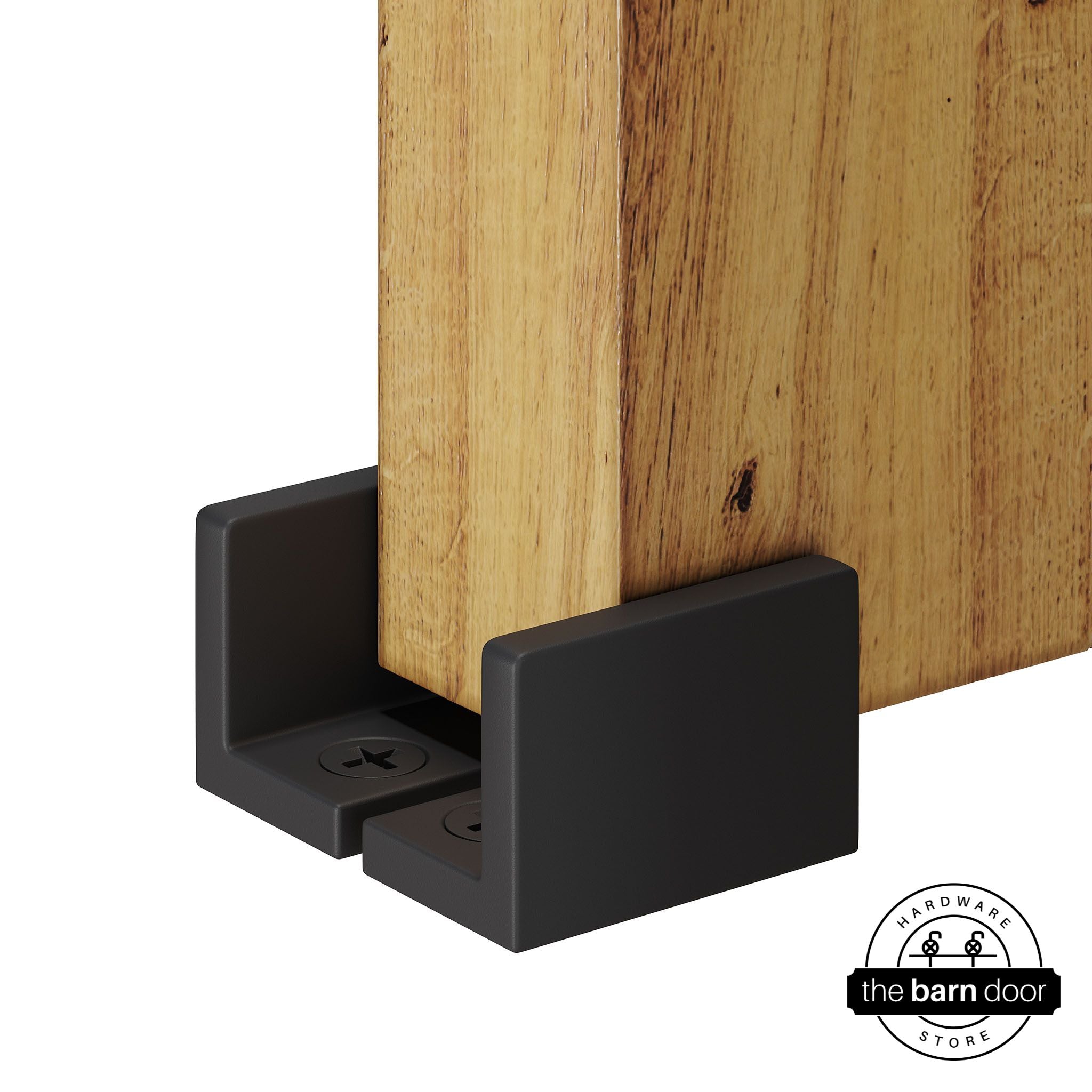 Matte black barn door hardware adjustable u floor guide on a wooden door