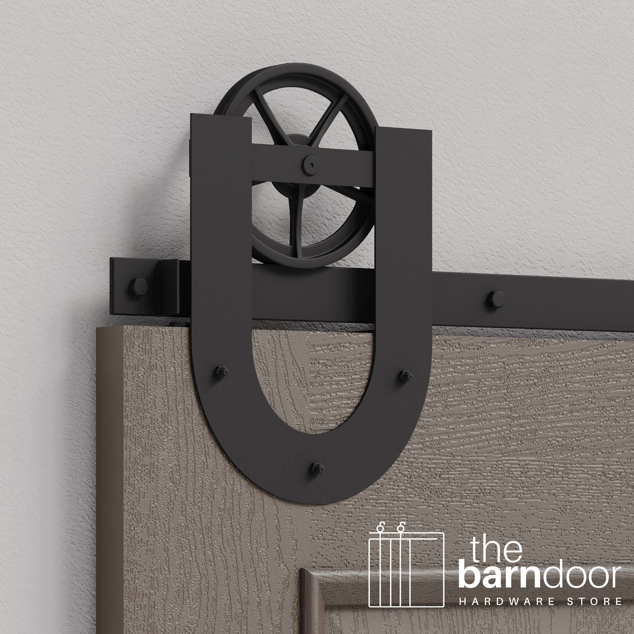 Matte Black Horseshoe Wagon Wheel Heavy Duty Single Track Barn Door Hardware