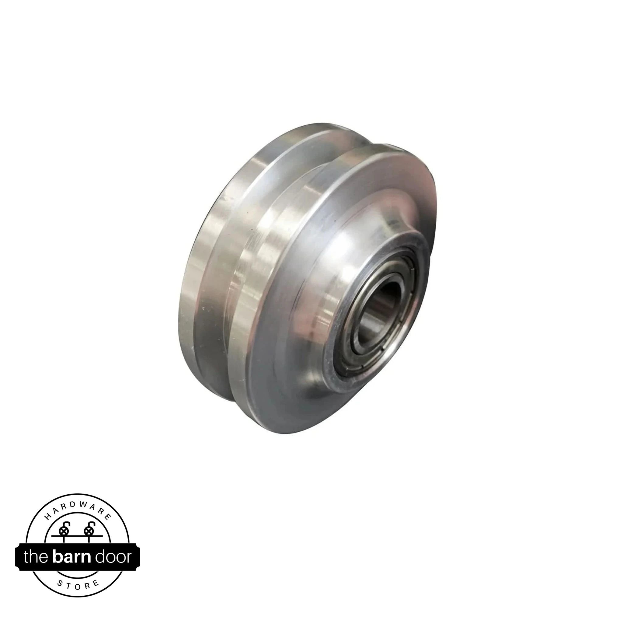 Metal wheel rollers for barn door hardware side view.