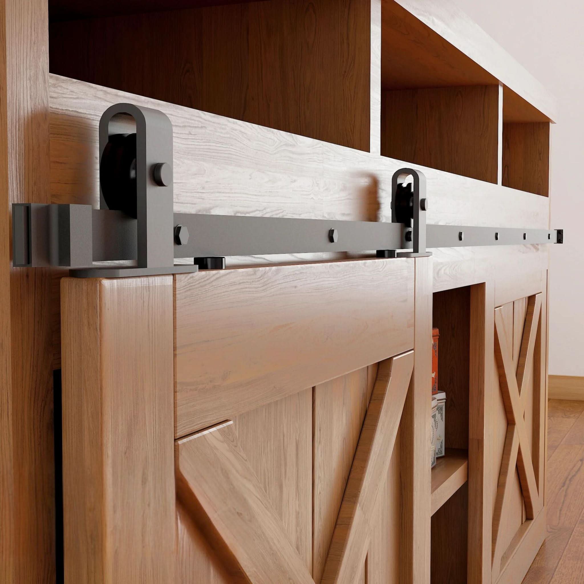 J Top Mount cabinet barn door hardware kit in matte black with a single track, shown installed on a small wooden cabinet door.