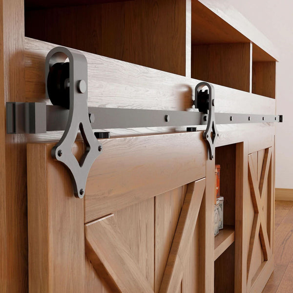 Diamond Mount cabinet barn door hardware kit in matte black with a single track, shown installed on a small wooden cabinet door.