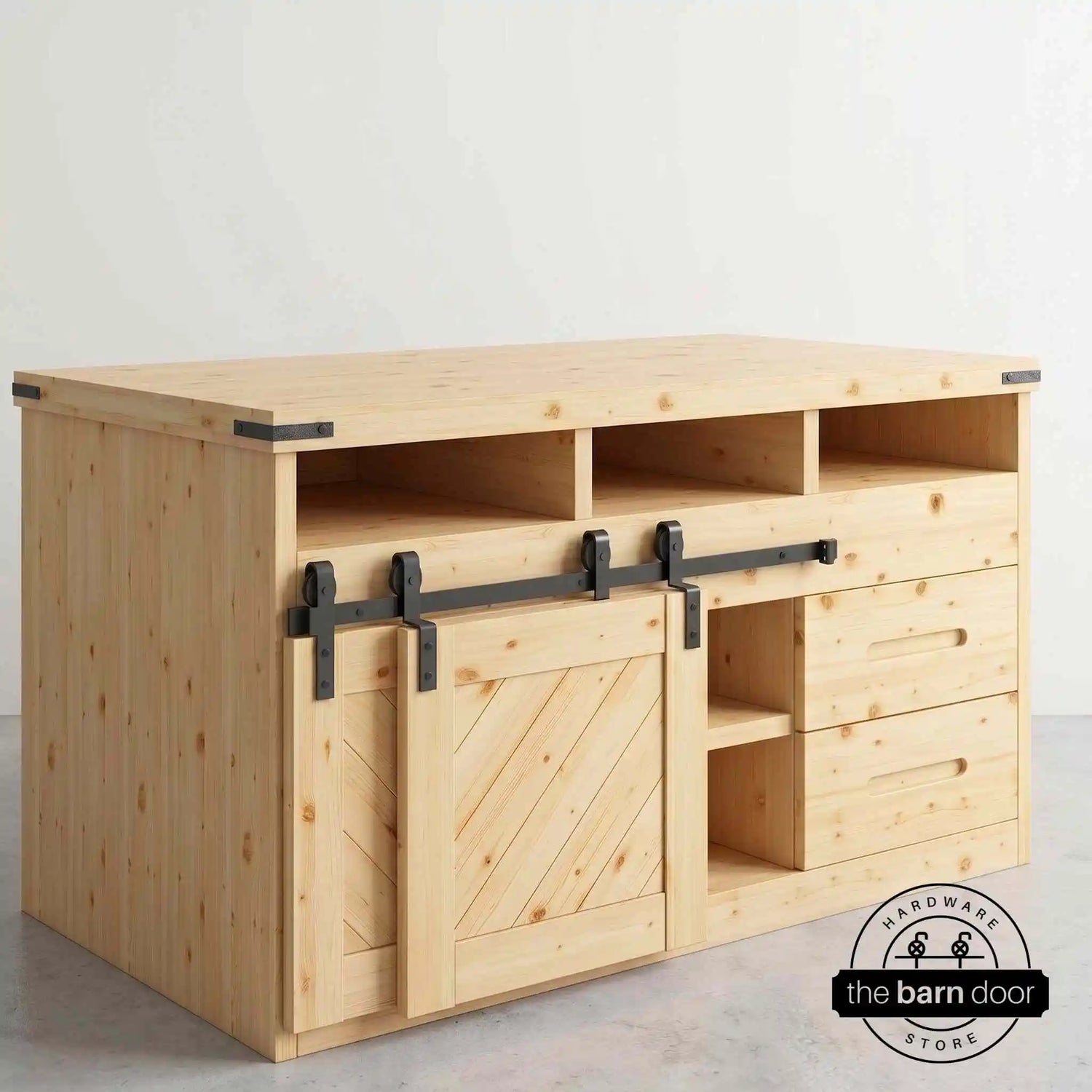 Matte black J-Strap mini bypass cabinet barn door hardware kit on a single track, shown on a small two-door wooden cabinet.